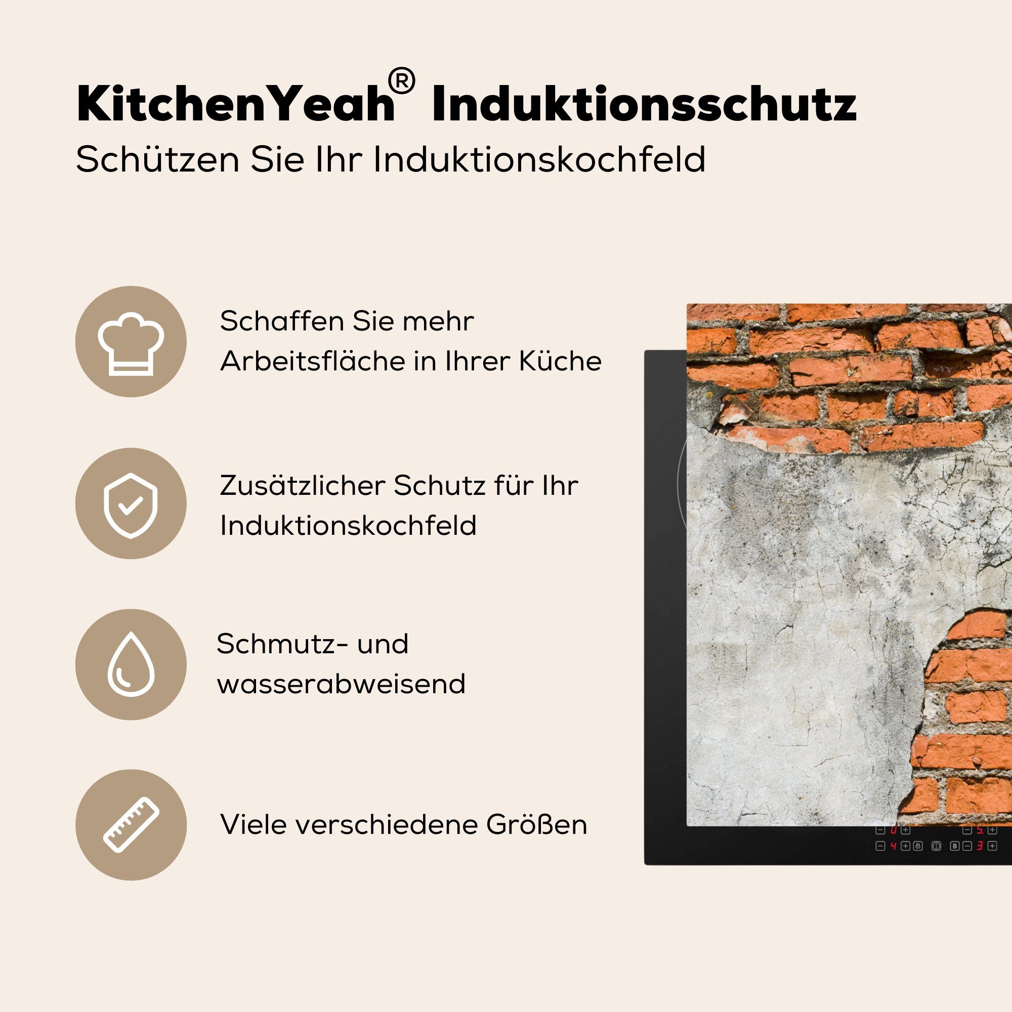 MuchoWow Herdblende-/Abdeckplatte Antike 78x78 Ceranfeldabdeckung, Arbeitsplatte für Vinyl, (1 küche tlg), mit cm, Mauer Beton