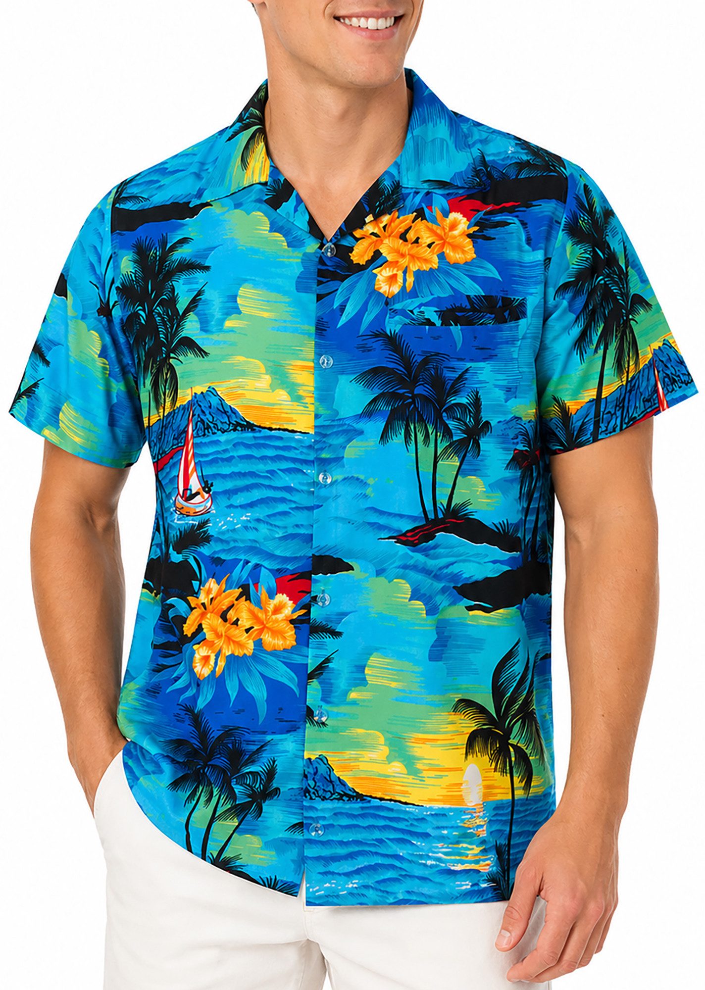 King Kameha Hawaiihemd "Surf" Funky Hawaii-Hemd Herren Kurzarm Front-Tasche Sommerhemd – Bild 3 von 5