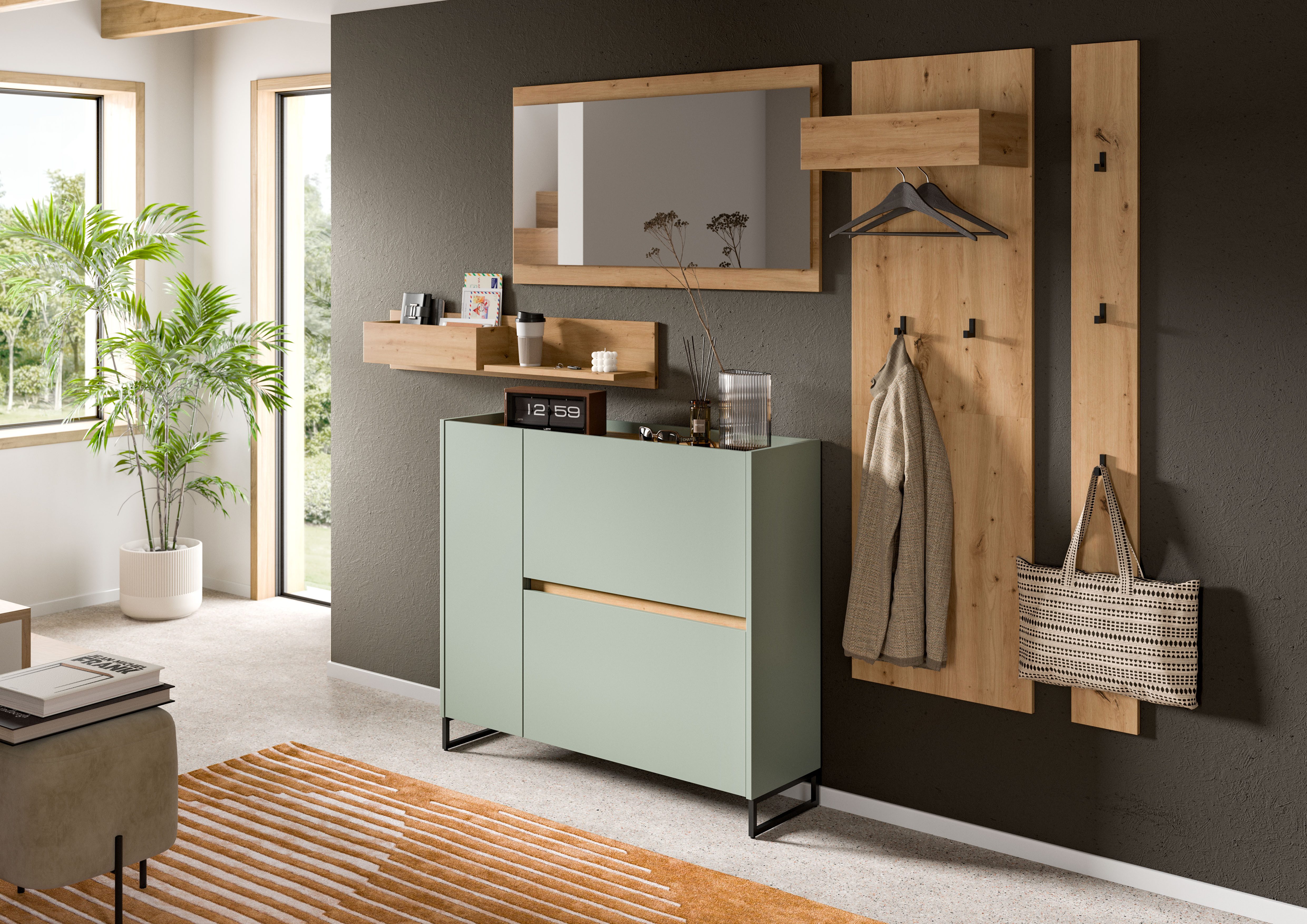 furnling Garderoben-Set Dravo, (5-St., 2x Garderobenpaneel, Hängeregal, Schuhkommode, Spiegel), 5 Haken, mit Ablagefläche, Salbei/Artisan Oak, Breite 236 cm