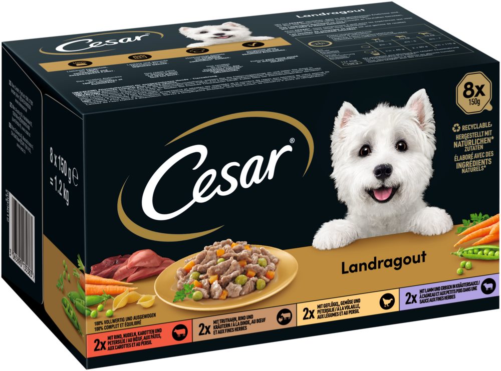 Cesar CESAR® Schale Multipack Landragout 4 Varietäten 8 x 150g, Nassfutter für: Hunde