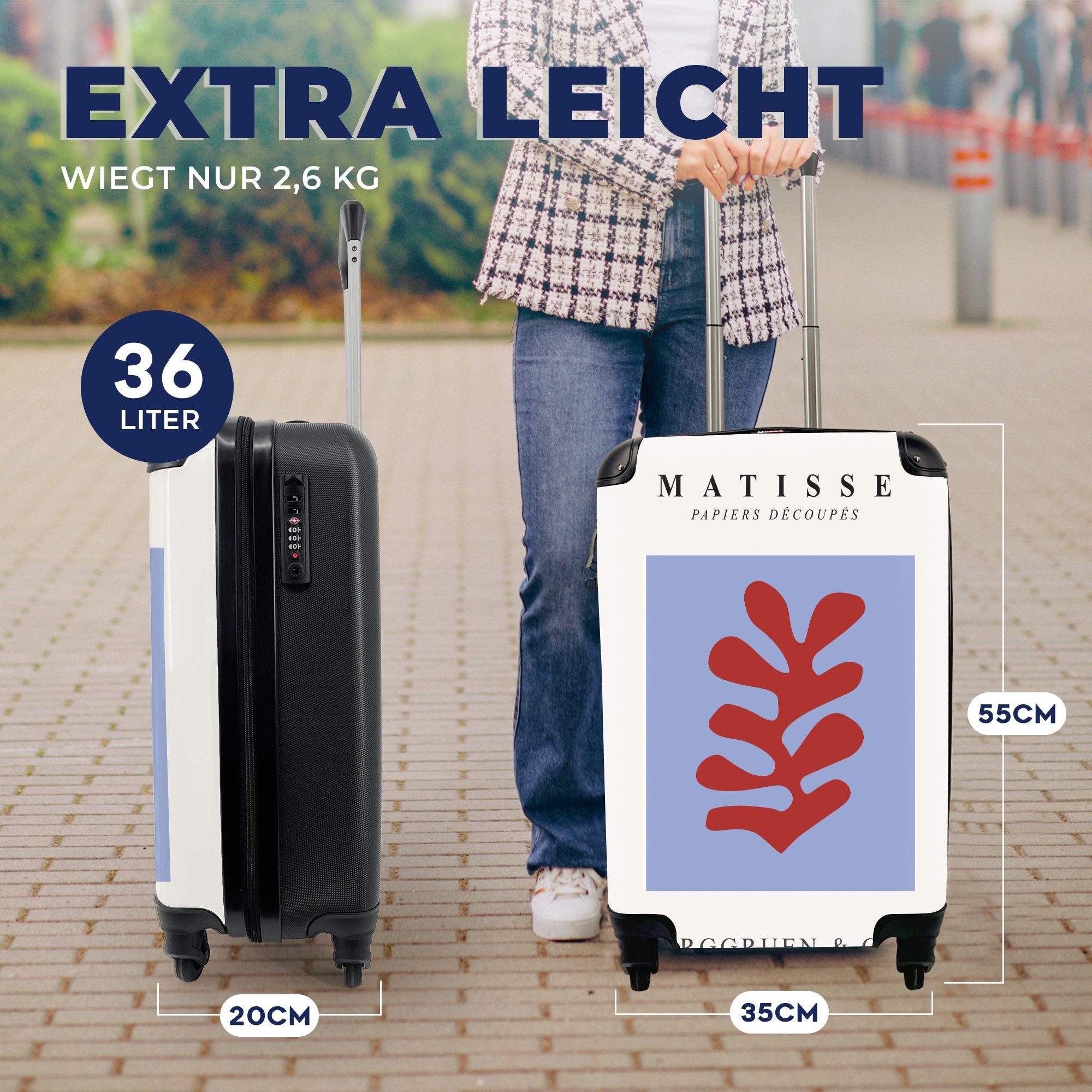MuchoWow Handgepäckkoffer Matisse - Abstrakt, - Rot rollen, für - - Rollen, Reisetasche Blau mit 4 Handgepäck Blatt Reisekoffer Ferien, Trolley