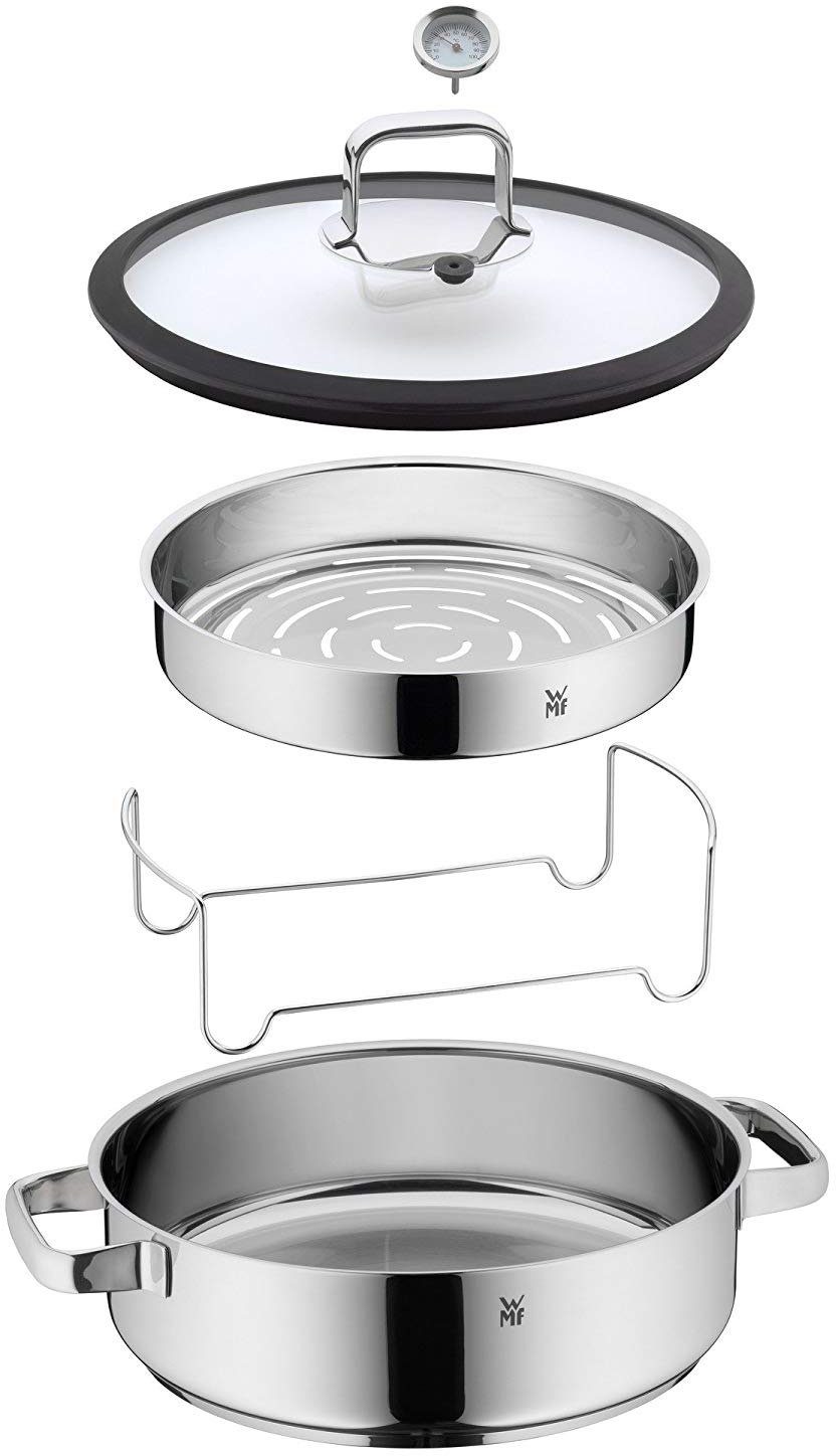 WMF Dampfgartopf Vitalis, Bräter Induktion mit Glasdeckel und Silikonrand, Cromargan® Edelstahl Rostfrei 18/10, Dampfgarer mit integriertem Thermometer, backofengeeignet bis 180 Grad