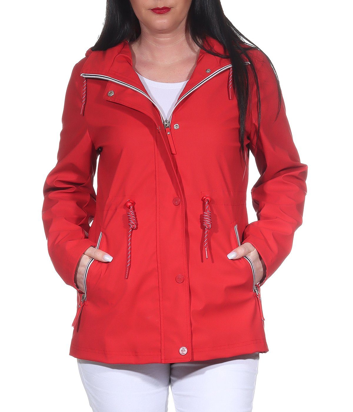 Größen erhältlich, Damen Rot Allwetterjacken in großen Aurela Regenjacken auch Outdoorjacken Regenjacke gummierte mit Regenjacke Kapuze, (1-St) Damenmode abnehmbarer