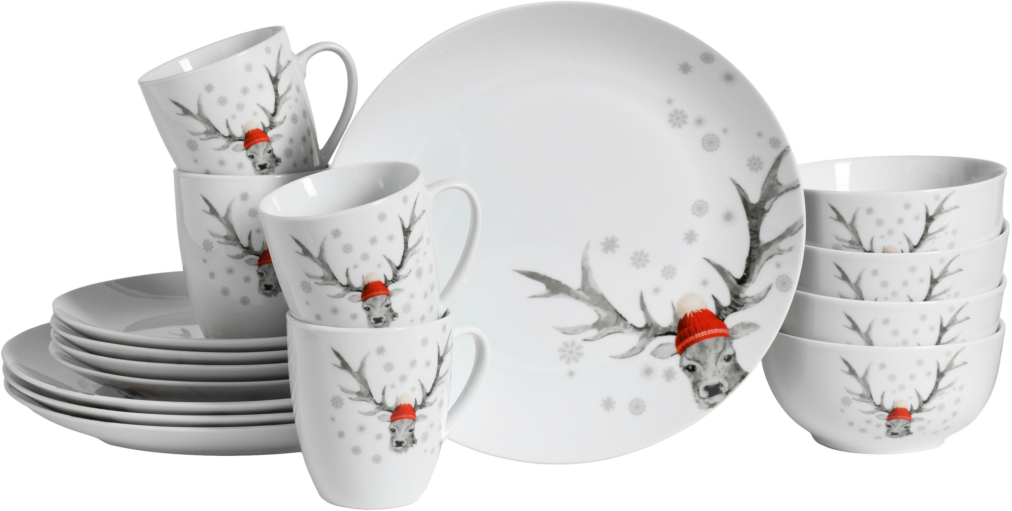 CreaTable Kombiservice Luna Hirsch (16-tlg), 4 Personen, Porzellan, winterliches Hirsch-Motiv