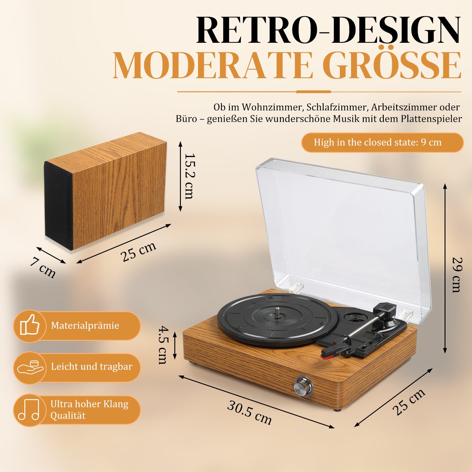 LALAHO Retro Plattenspieler mit separaten Stereolautsprechern, Bluetooth Plattenspieler (33/45/78 U/min, Staubschutzhaube, AUX‑ & RCA‑Anschluss) – Bild 4 von 5