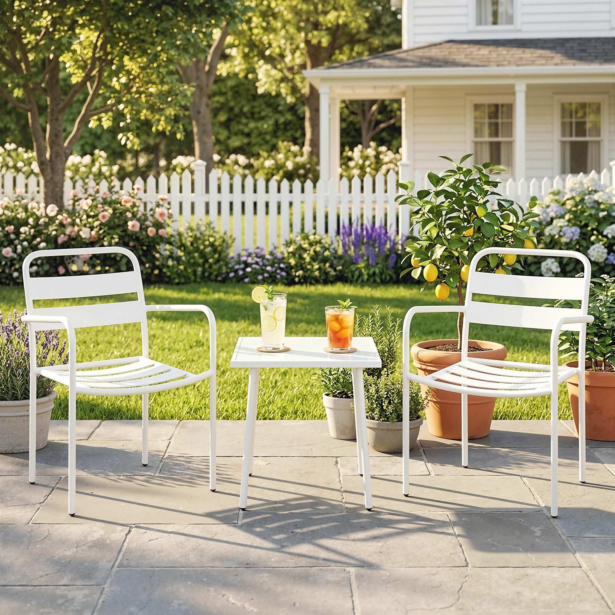 Outsunny Sitzgruppe Metall Balkonmöbel-Set mit 2 Gartenstühlen, Glastisch, (Gartenmöbel-Set, 3-tlg., Bistroset), für Garten, Terrasse, Weiß