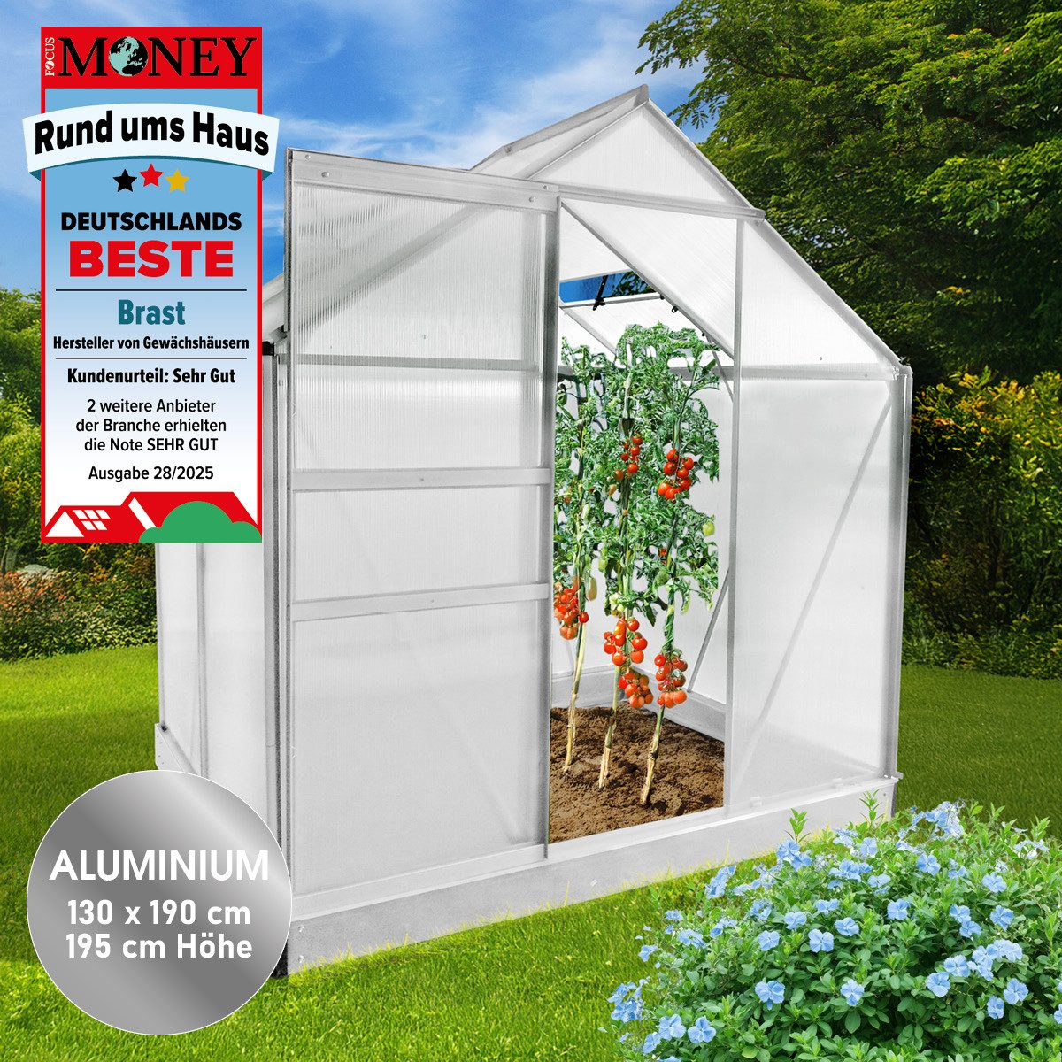 BRAST Gewächshaus Aluminium mit Fundament rostfrei 130x190x195cm, BxTxH: 190 x 130 x 195 cm, wetterfestes hochwertiges Aluminium, Temperaturbeständig, Wärmedämmend, Lichtbrechend & UV-stabilisiert