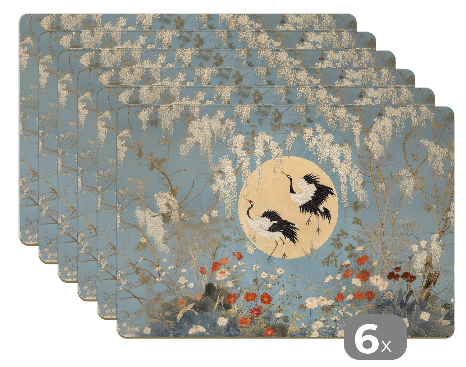 MuchoWow Platzset Kraniche - Mond - Blumen - Blau, (6-St), Platzsets, Tischset, Abwaschbar, Tischsets, Platzdeckchen