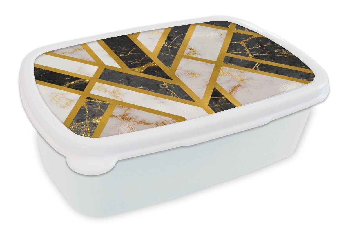 MuchoWow Lunchbox Marmor - Gold - Muster, Kunststoff, (2-tlg), Brotbox für Kinder und Erwachsene, Brotdose, für Jungs und Mädchen weiß