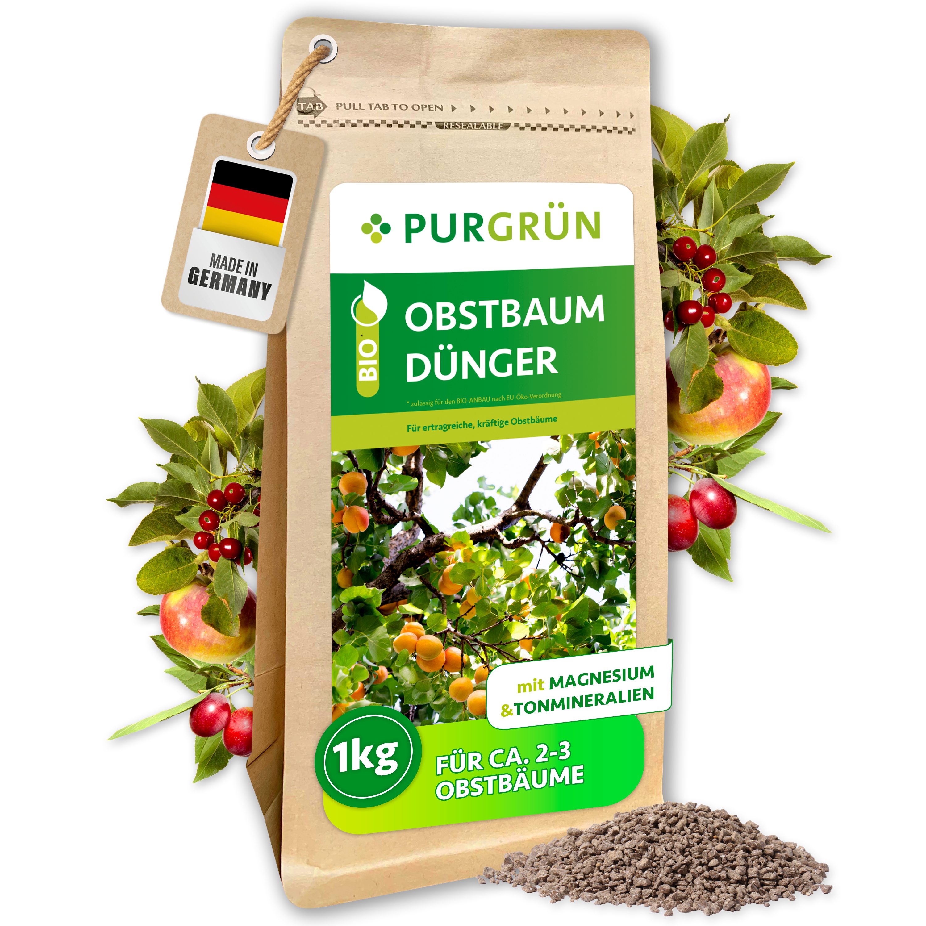 Purgrün Obstdünger Bio Obstbaum Dünger, NPK 6+3+8, Magnesium, 1 kg, Granulat, 1-St., 1 kg