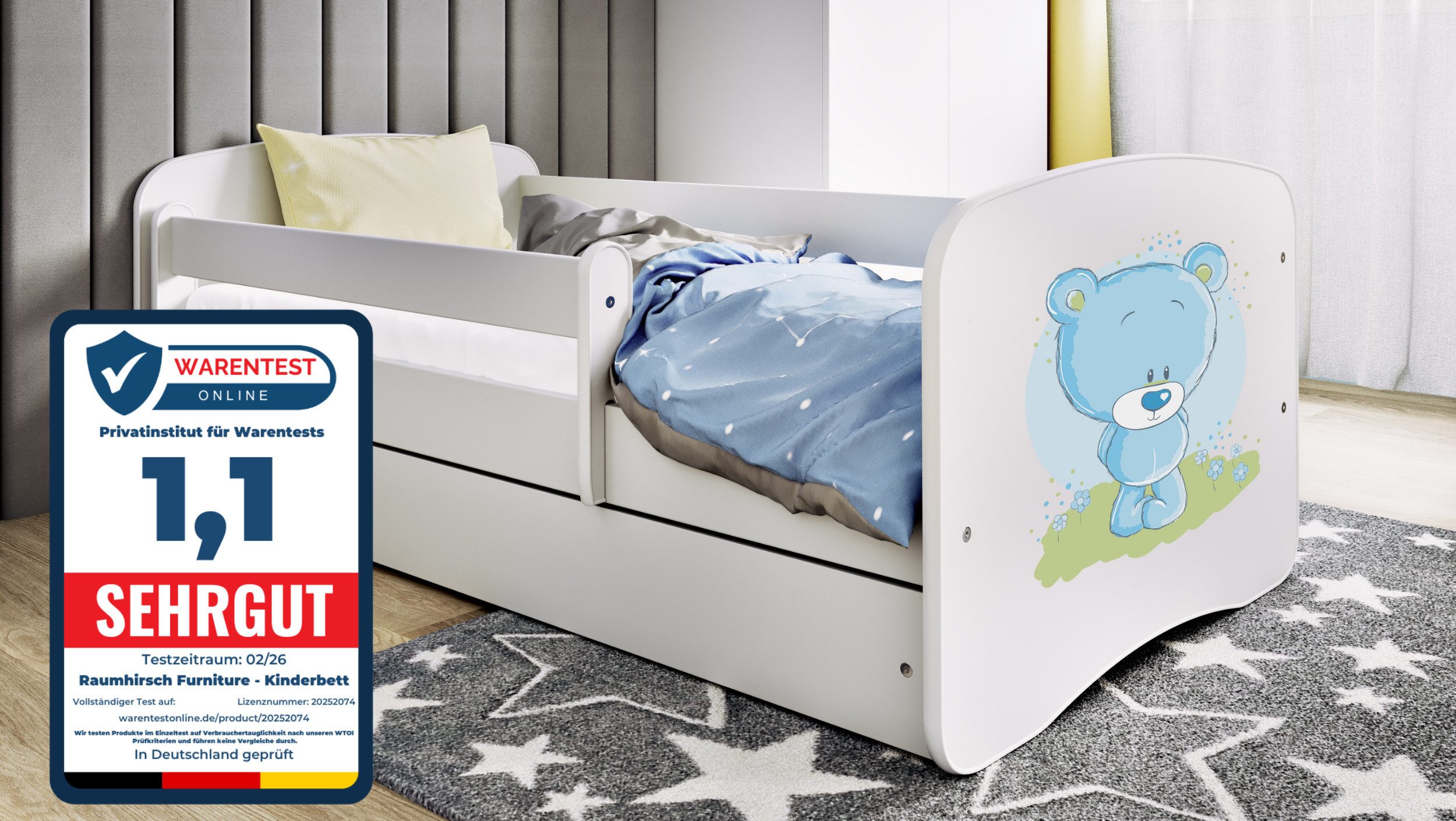 Raumhirsch Furniture Kinderbett 70x140, 80x160, 80x180 cm - Komplettset mit Matratze & Schublade (Bett für Mädchen, Einzelbett Kinder 2–12, mit Rausfallschutz & Lattenrost), verschiedene Farben & Designs