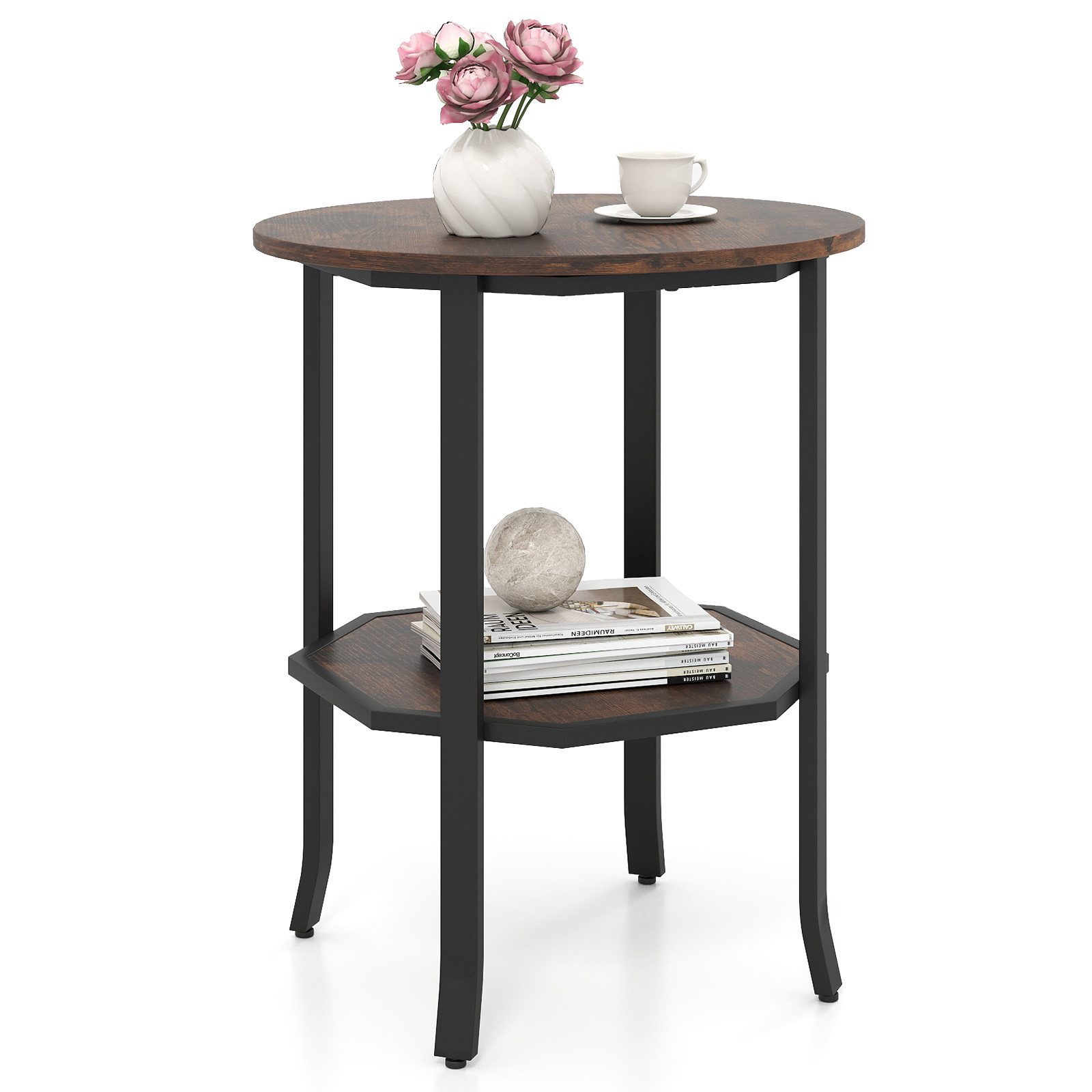 COSTWAY Beistelltisch, Rund, Nachttisch mit 2 Ablagen & Stahlgestell, 50x50x61cm
