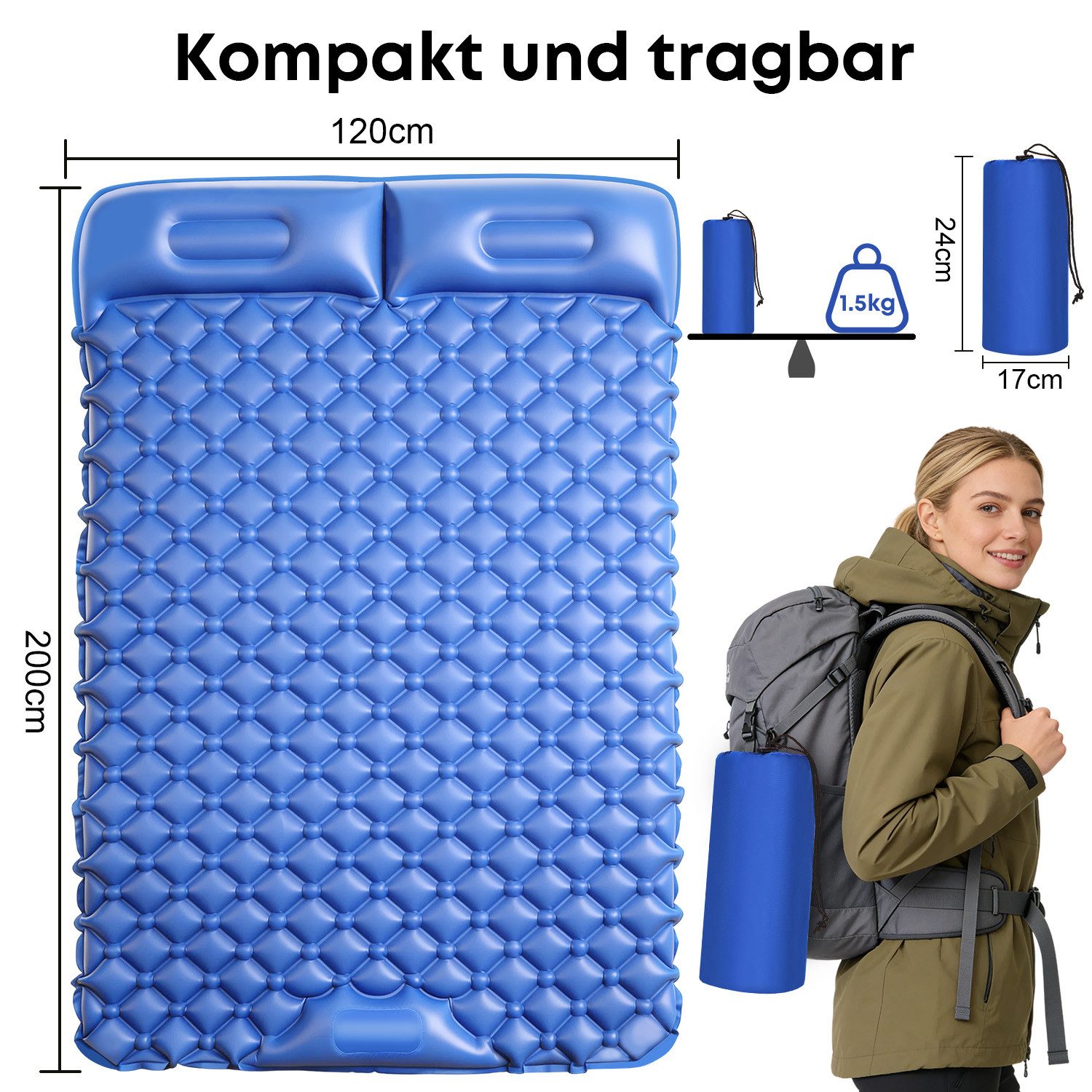 CkeyiN Pro Isomatte Camping,Outdoor Luftmatratze,200*120 cm,Integrierten kopfkissen, (Wasserdicht,mit Fußpressepumpe und Kissen, Anti-Ripstop Schlafmatte, Zwei Spieler,10CM Verdicktes,für Wandern und Strand)