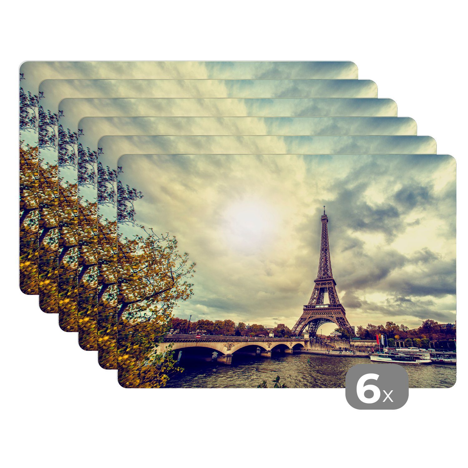 Platzset, Wasserblick auf den Eiffelturm und Paris, MuchoWow, (6-St), Platzset, Platzdecken, Platzmatte, Tischmatten, Schmutzabweisend