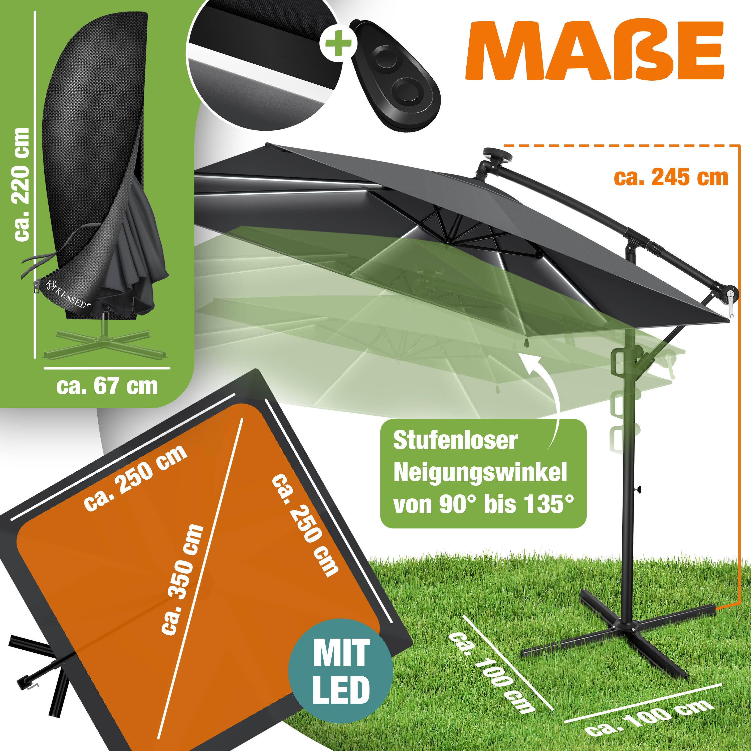 KESSER Ampelschirm, Ø350cm Sonnenschirm inkl. Abdeckung & Wind- & wetterfest