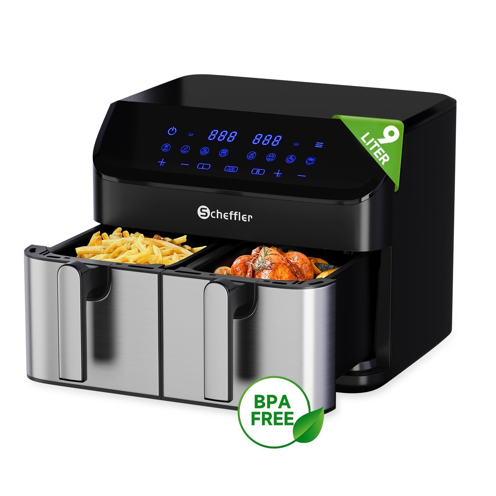 Scheffler Heißluftfritteuse 2 kammern 9L (2x4.5L), Airfryer mit 2 Fächer, 8 Programme, 2000,00 W