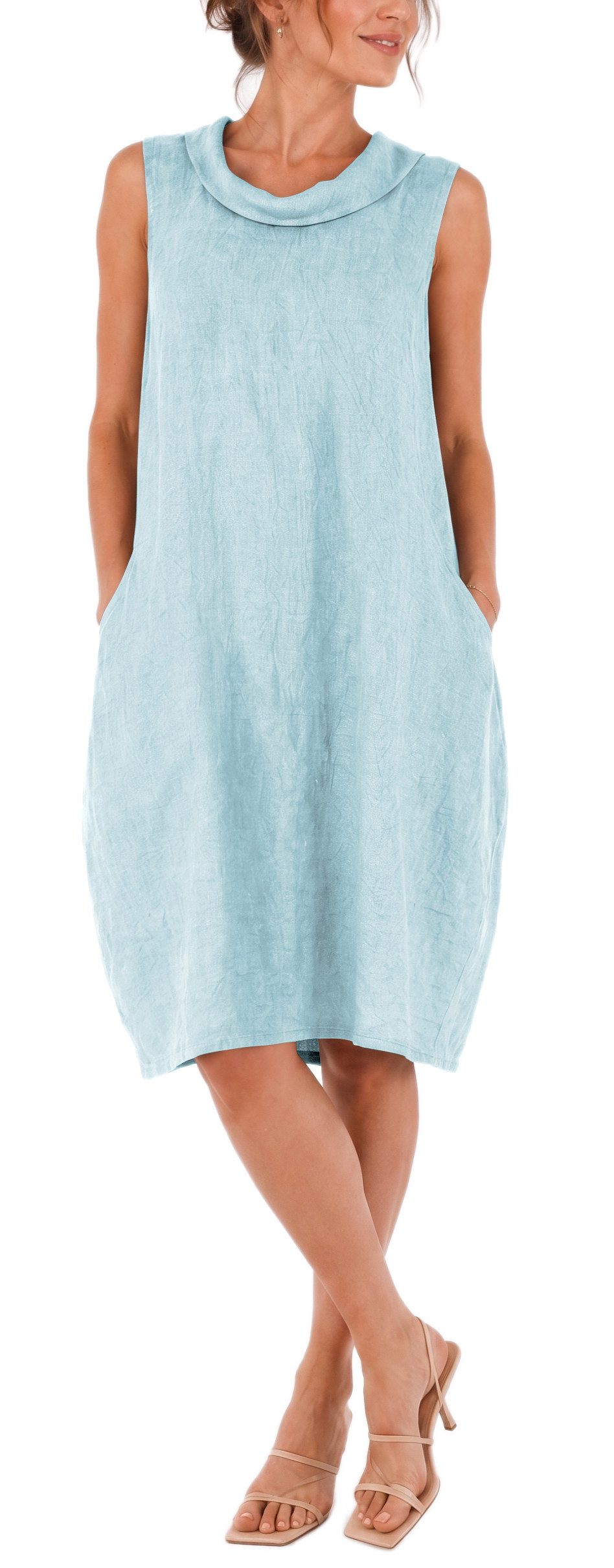 dy_mode Midikleid Damen Leinenkleid Luftiges Midi Sommerkleid Ballonkleid Strandkleid in Unifarbe, Wasserfallkragen, mit seitlichen Eingriffstaschen – Bild 4 von 5
