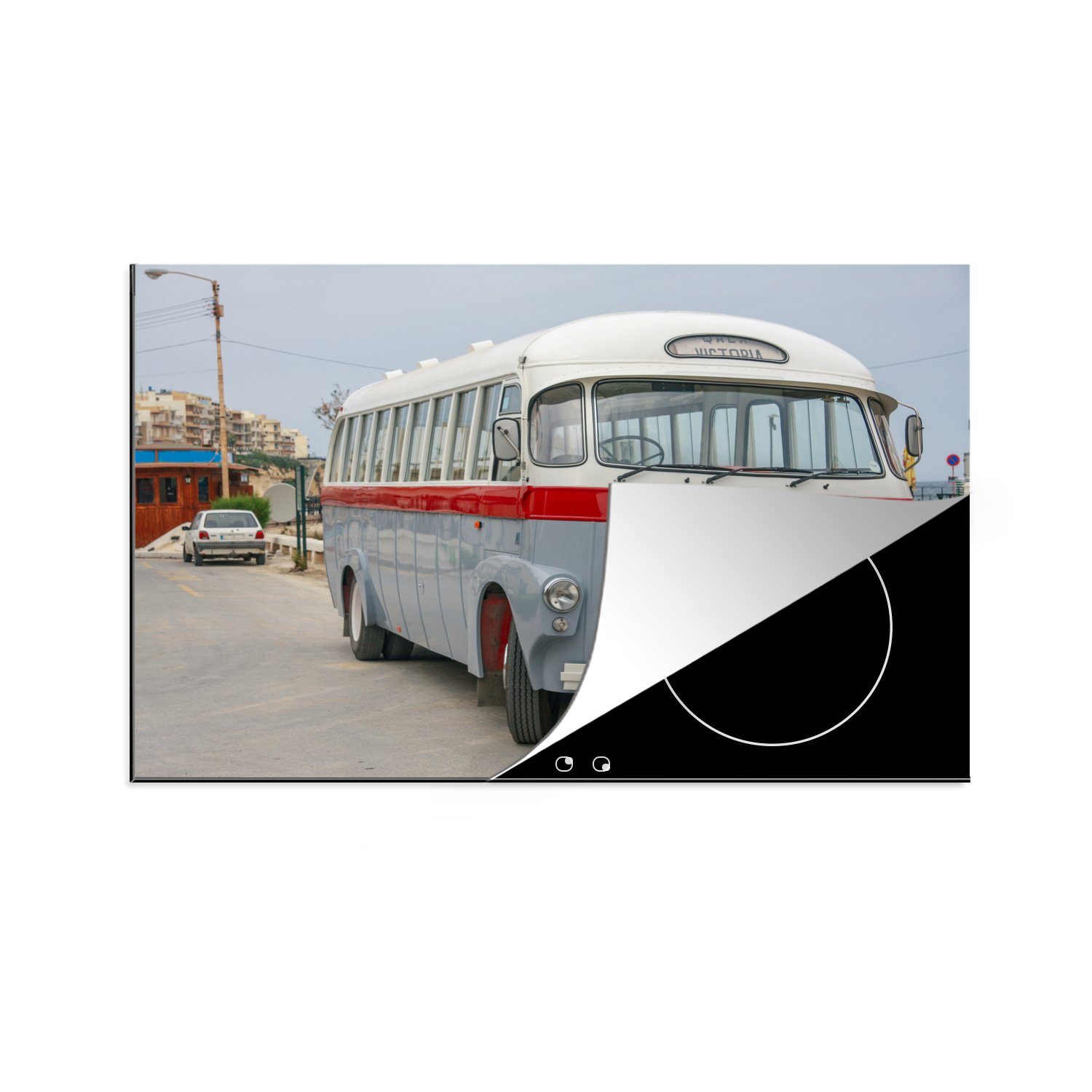 MuchoWow Herdblende-/Abdeckplatte Bus - Antik - Grau - Rot, Vinyl, (1 tlg), 81x52 cm, Induktionskochfeld Schutz für die küche, Ceranfeldabdeckung
