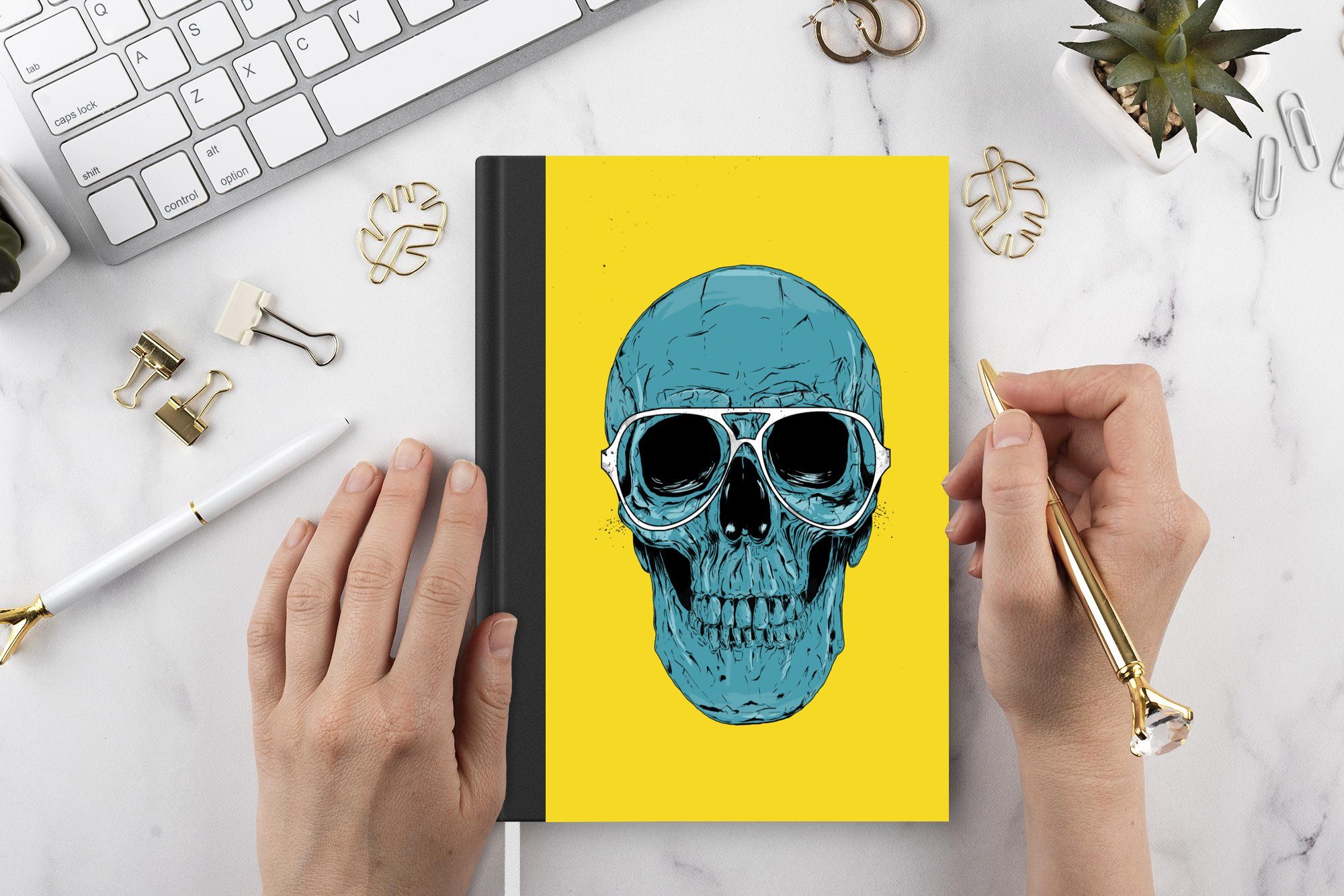 MuchoWow Totenkopf, Brille Journal, - Merkzettel, - 98 Notizheft, Tagebuch, Gelb Blau Haushaltsbuch Totenkopf - A5, - Notizbuch Seiten,