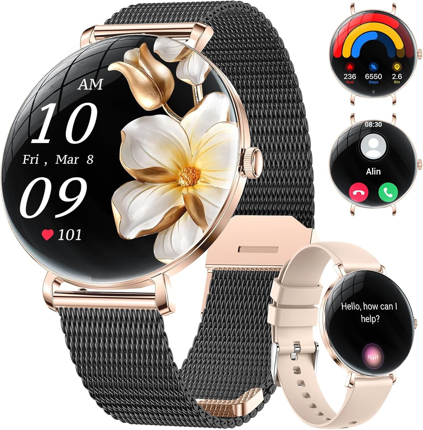 ESFOE FV17-E Smartwatch (3,6 cm, android ios), Smartwatch für Damen mit AMOLED Display und 120 Sportmodi wasserdicht