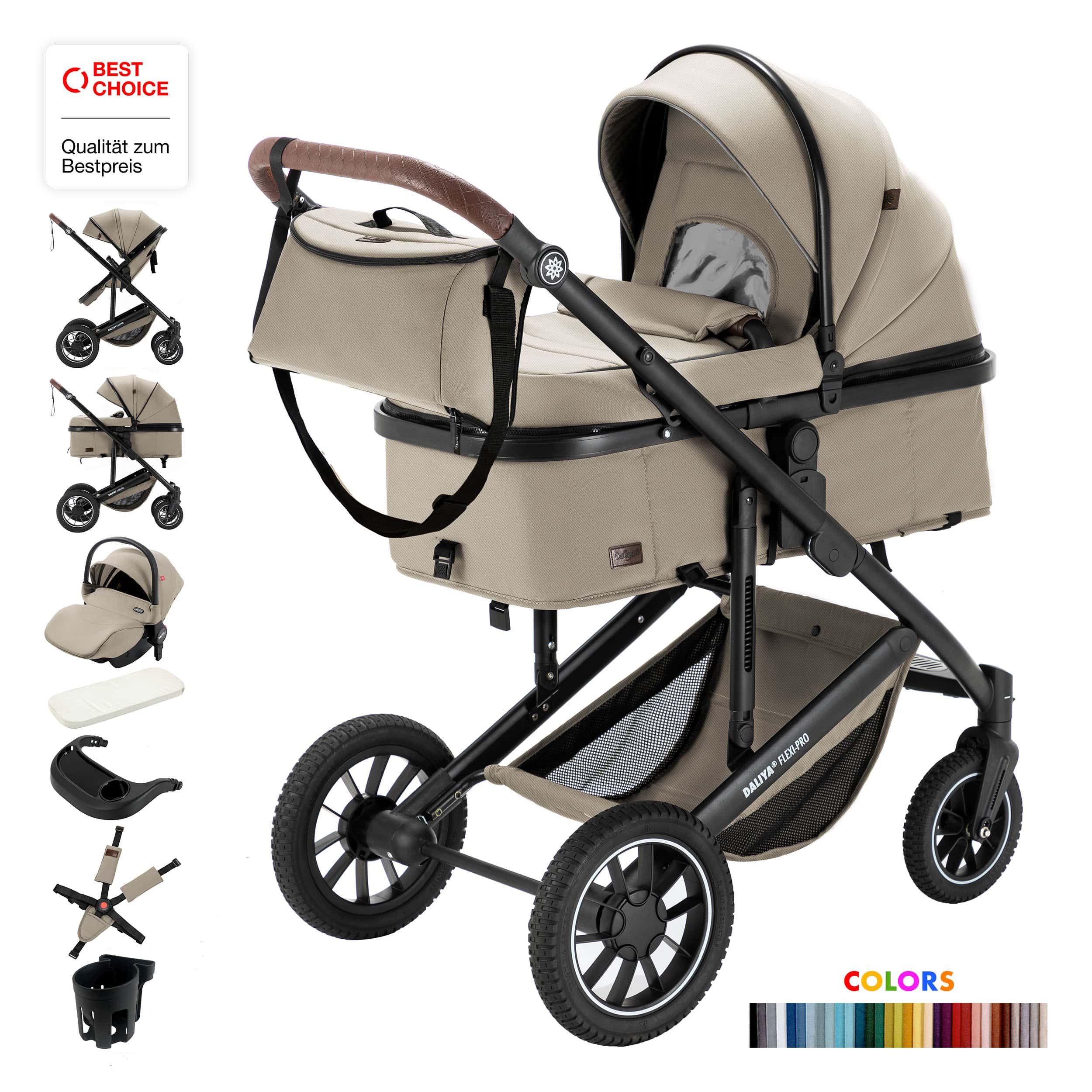 Daliya® Kombi-Kinderwagen FLEXI-PRO M 3in1 Kinderwagen & Buggy, Reisekinderwagen, XXL Set, (XXL-Set mit i-Size Babyschale, 13-tlg), Einhändig abnehmbare Wanne, i-Size Babyschale, Alu-Rahmen, Gummireifen