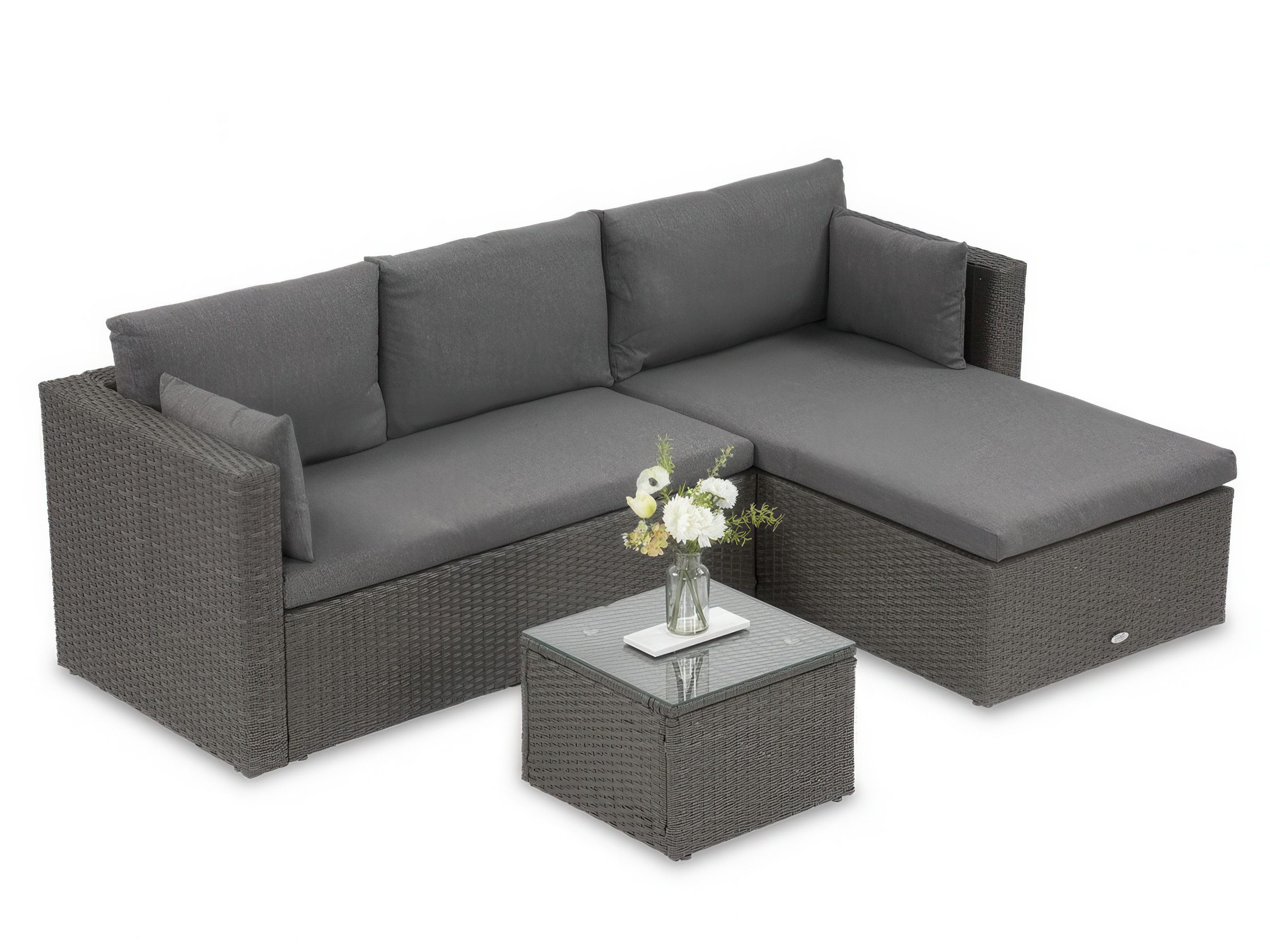 Beautysofa Gartenlounge-Set SEVILLA Polyrattan Ecksofa mit Couchtisch, (Technorattan Lounge Set, Tisch mit Glasplatte, modulares Gartenmöbel-Set, rechts oder links aufbaubar), wetterbeständig, pflegeleicht, in mehreren Farben