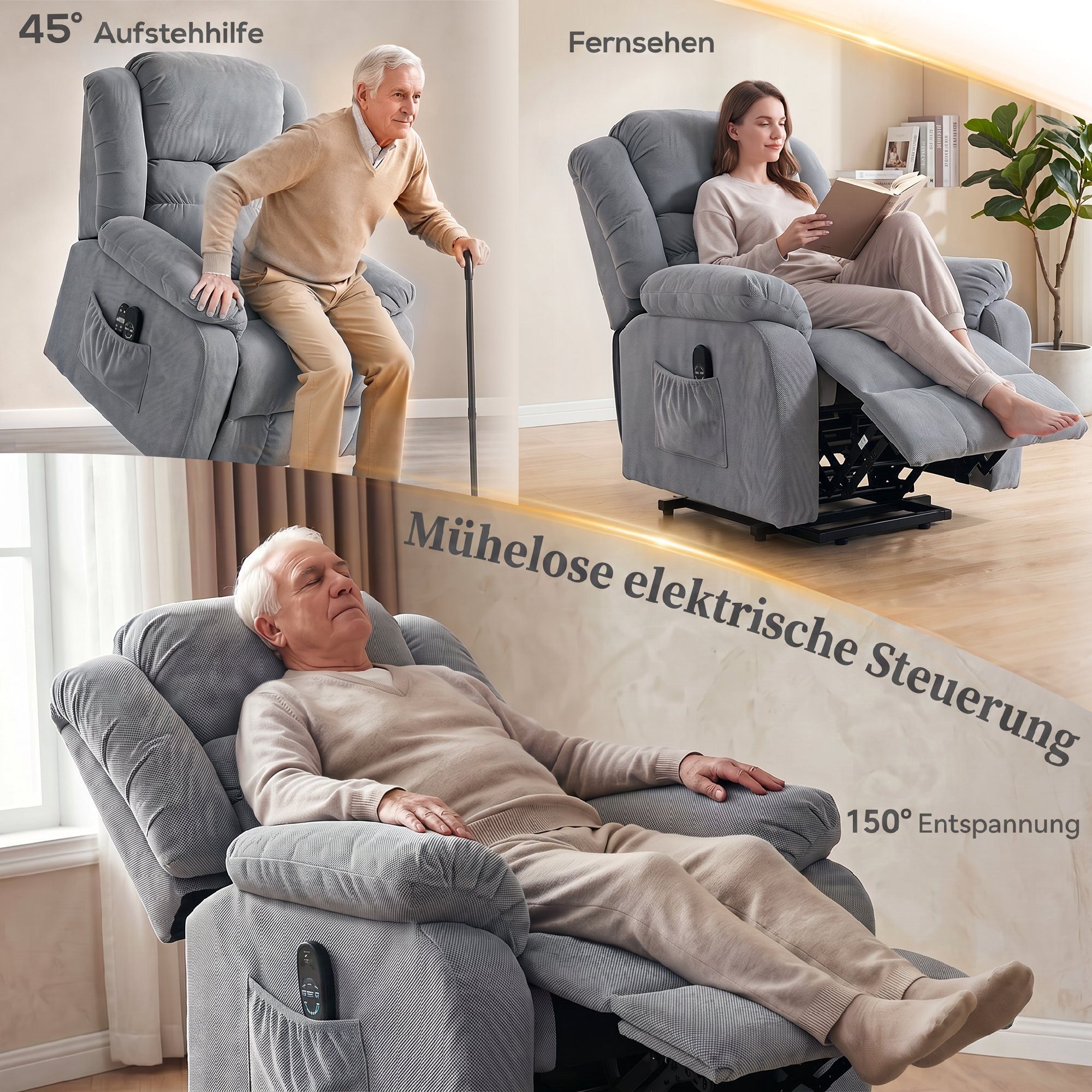 HOMCOM Relaxsessel Elektrischer Fernsehsessel mit Liegefunktion (Set, 1-St., 1), Aufstehhilfe, 8-Punkt-Massage, Lendenwärme – Bild 4 von 5