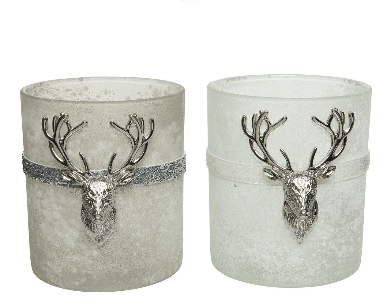 Kaemingk Teelichthalter, Teelichthalter Glas mit Hirsch 10cm weiß / grau, 1 Stück sortiert