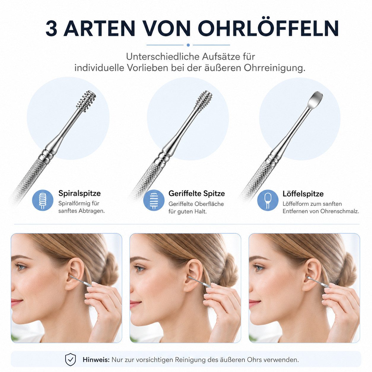 COOL-i ® Ohrenreiniger Edelstahl Ohrenreiniger Set – 6-teiliges, 6-tlg., wiederverwendbares & rostfreies Ohrreinigungswerkzeug