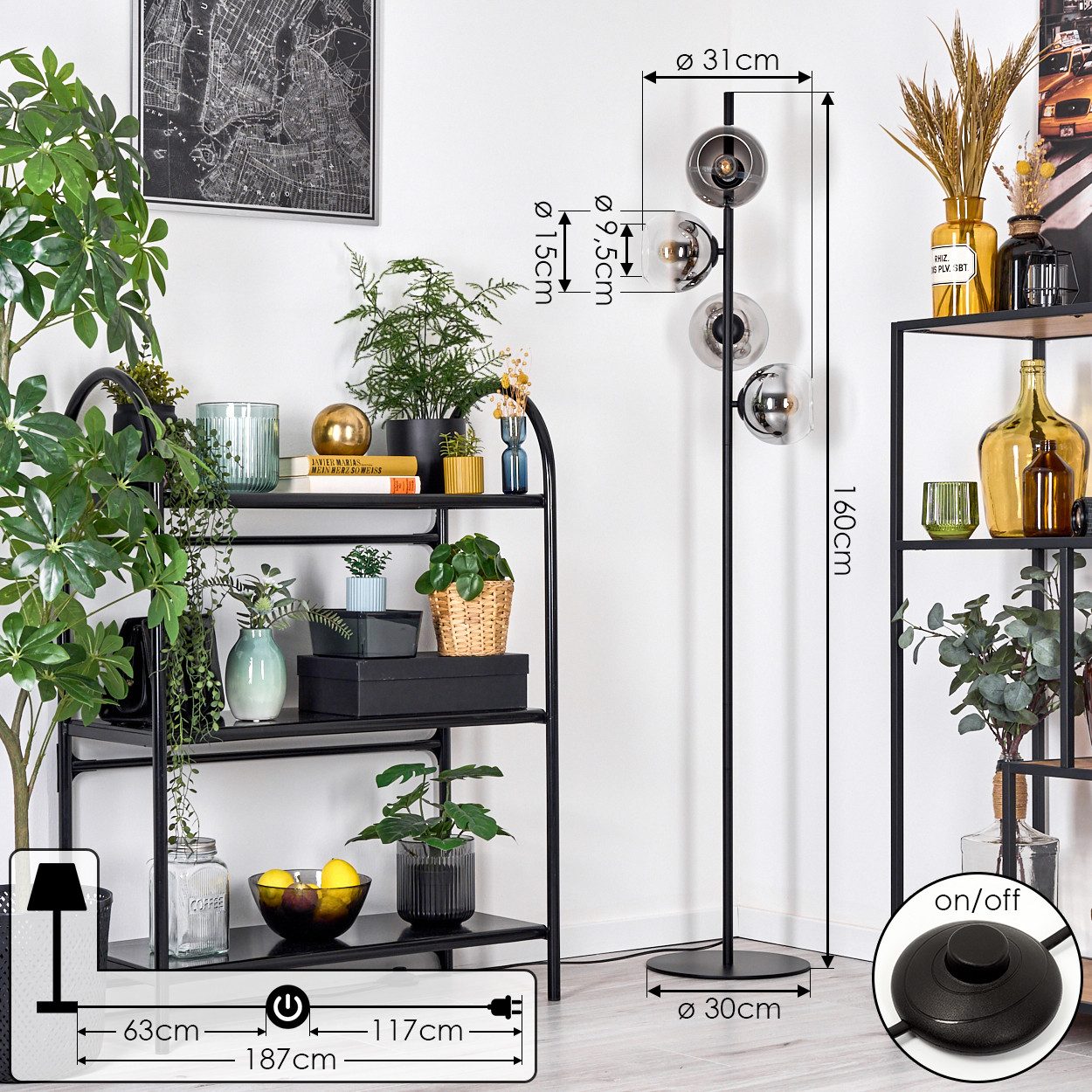 hofstein Stehlampe Stehlampe aus Metall/Glas in Schwarz/Chrom/Rauch/Klar, Retro-Design, ohne Leuchtmittel, moderne Stehleuchte, Ø Schirme 15 cm, Fußschalter, 160 cm, E14