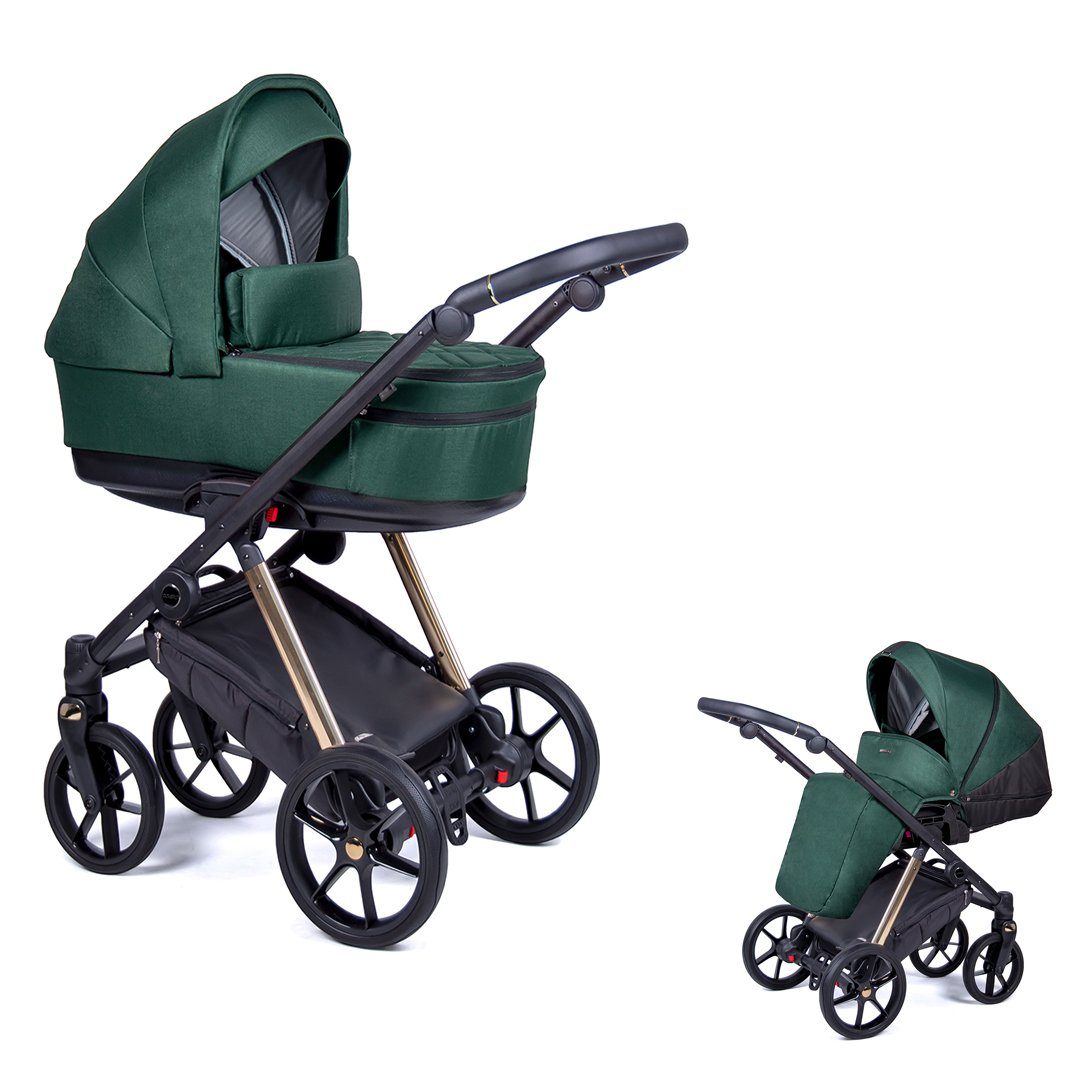 babies-on-wheels Kombi-Kinderwagen 2 in 1 Kinderwagen-Set Axxis - 14 Teile - in 24 Designs Tannengrün = Gestell gold