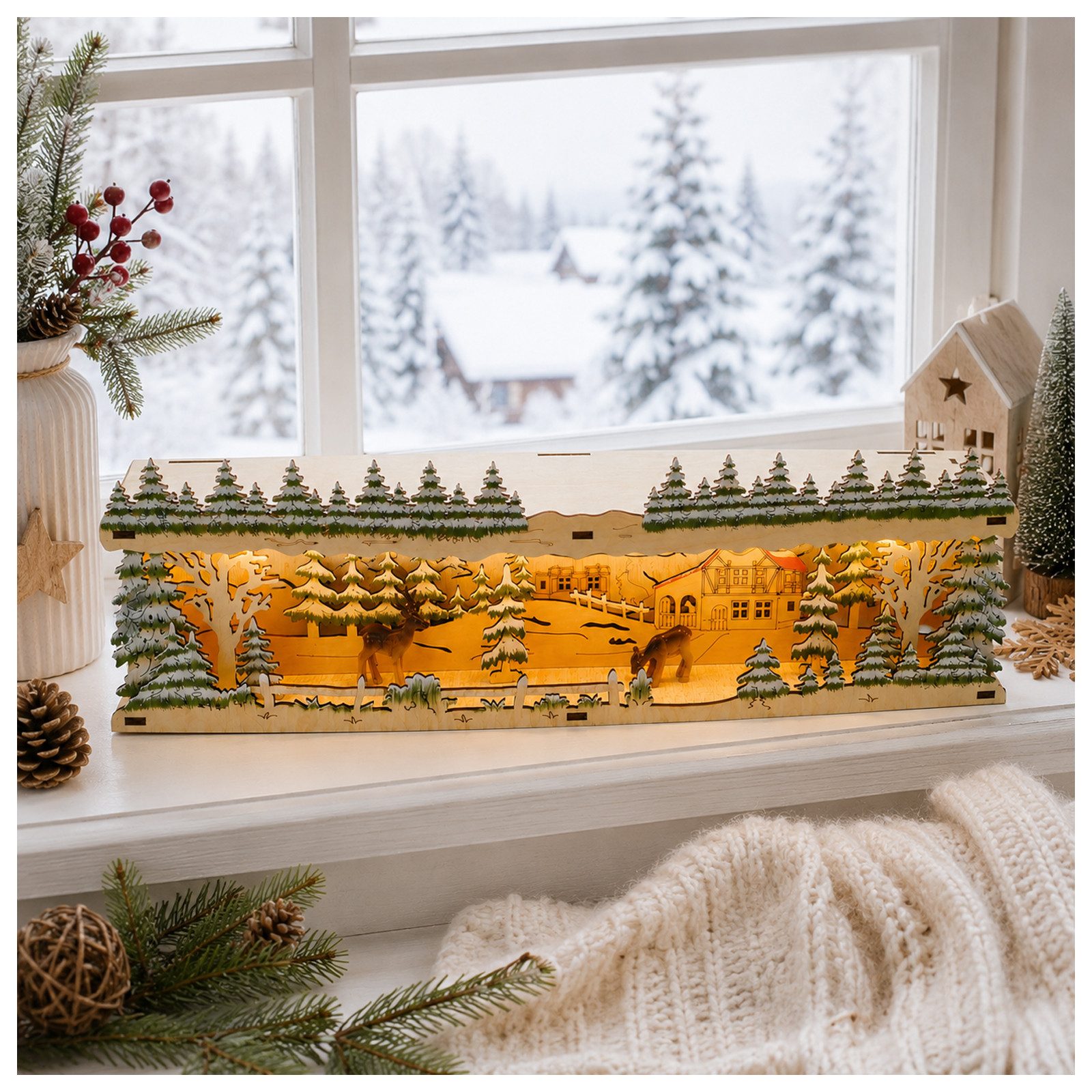 HTI-Living Schwibbogen-Fensterbank LED Schwibbogenbank Rentierwald (1-tlg), Stimmungsvolle Weihnachtsdekoration mit beleuchteter Winterszene