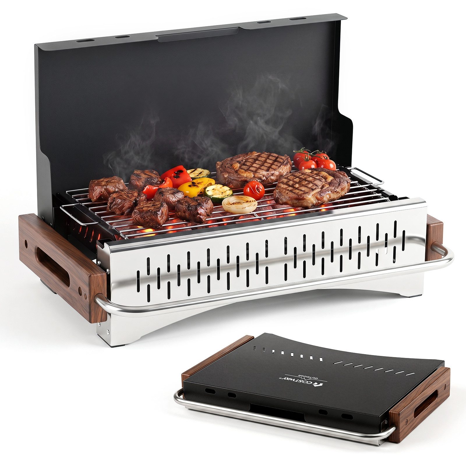 COSTWAY Holzkohlegrill, Tischgrill klappbar, Reisegrill, Kohlegrill für BBQ