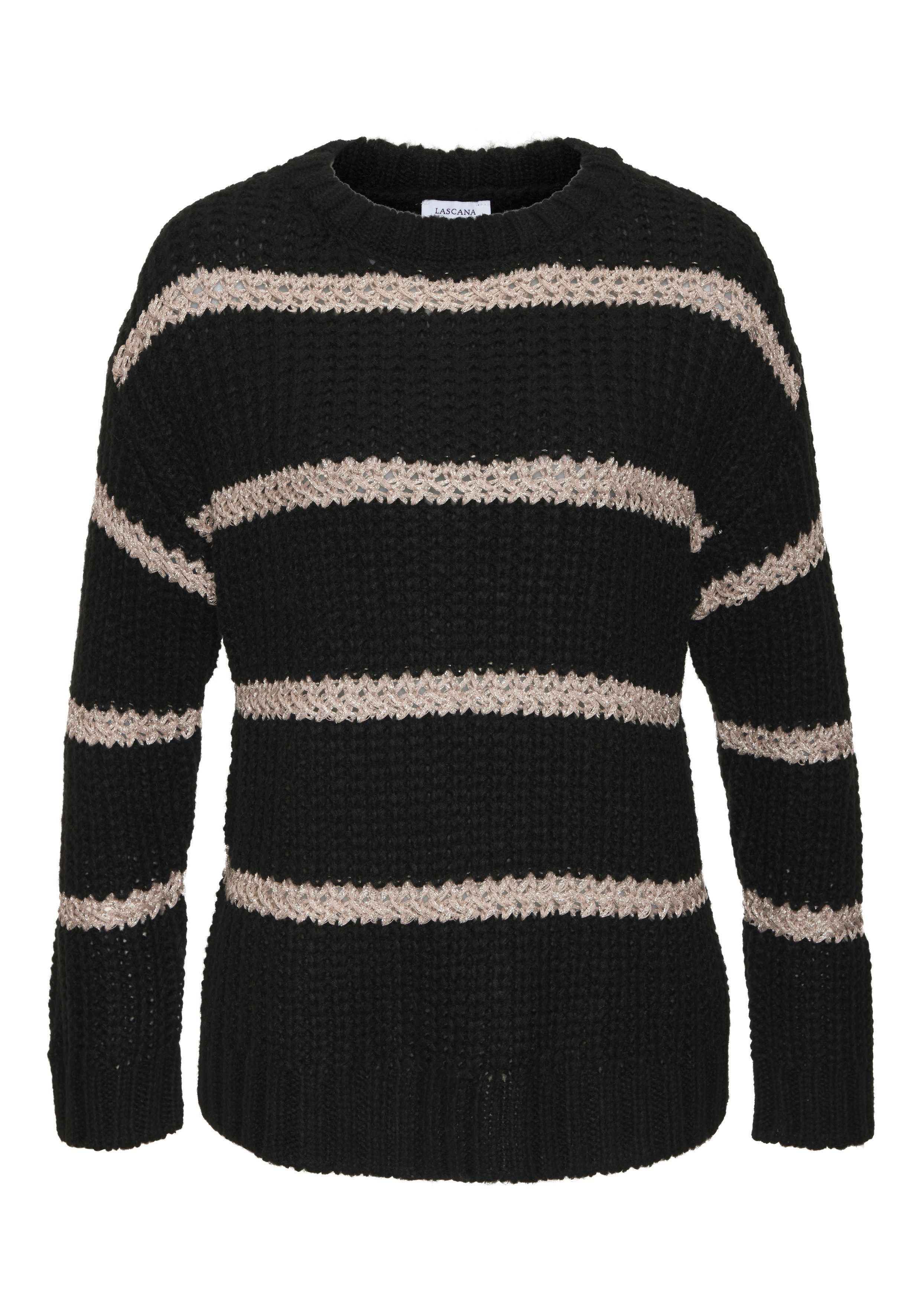 LASCANA Strickpullover mit Streifenmuster und Lurexgarn aus Grobstrick Rundhalspullover mit Glitzergarn-Details, Grobstrickpullover, casual. € 49,99