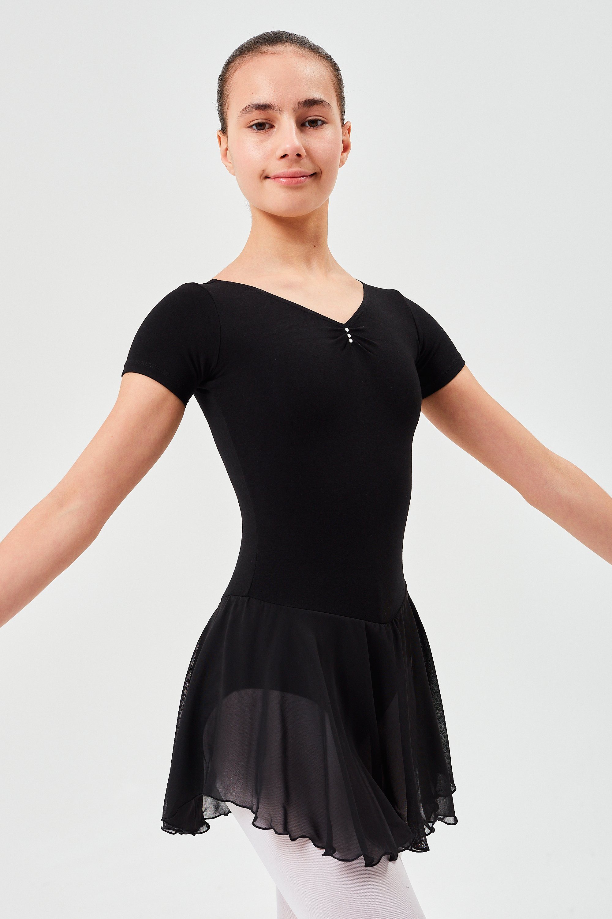 schwarz Mädchen mit Betty mit Chiffonkleid Ballettbody Glitzersteinen tanzmuster Ballettkleid Röckchen Chiffon