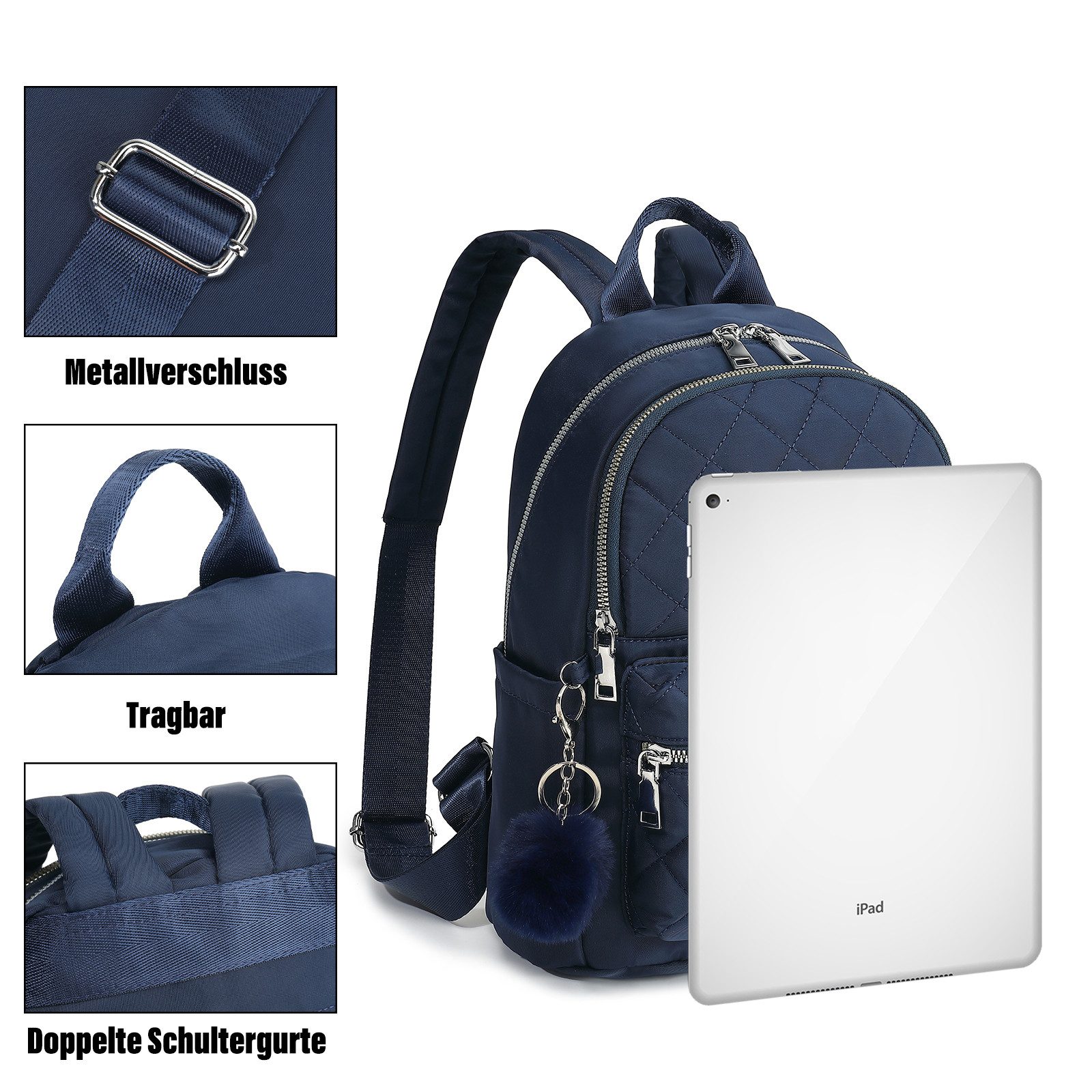 TAN.TOMI Daypack Cityrucksack, Damen Klein Rucksack, Nylon Wasserdicht Daypacks, mit Anhänger Quaste hängen Tasche Diebstahlsicher Casual Daypack – Bild 5 von 5