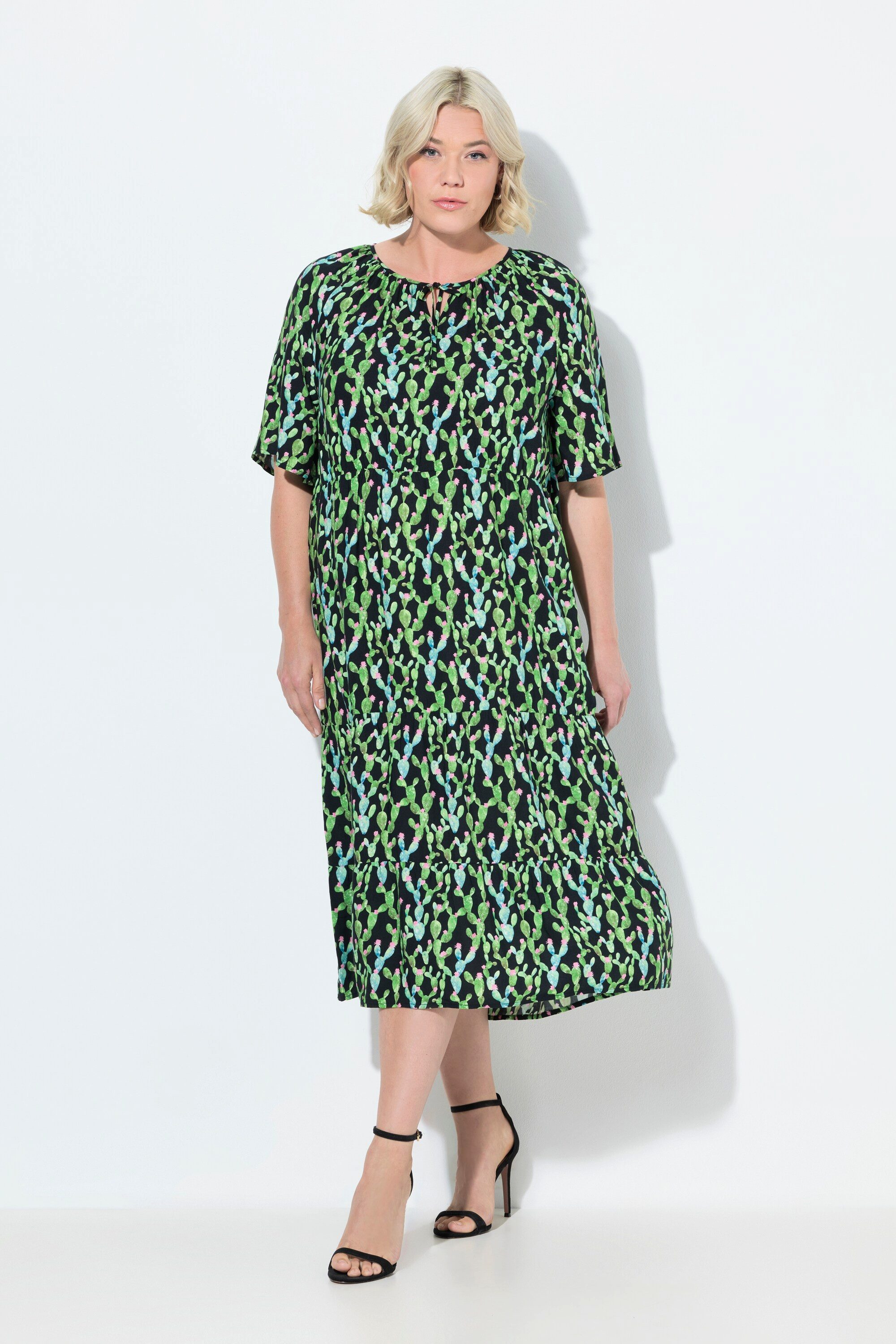 Ulla Popken Maxikleid Midikleid A-Linie Tunika-Ausschnitt Halbarm günstig online kaufen