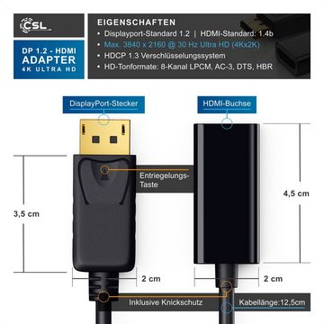 CSL Audio- & Video-Adapter DisplayPort zu HDMI Typ A, 12,5 cm, 4k UltraHD DP 1.2 zu HDMI Monitor Adapter Kabel