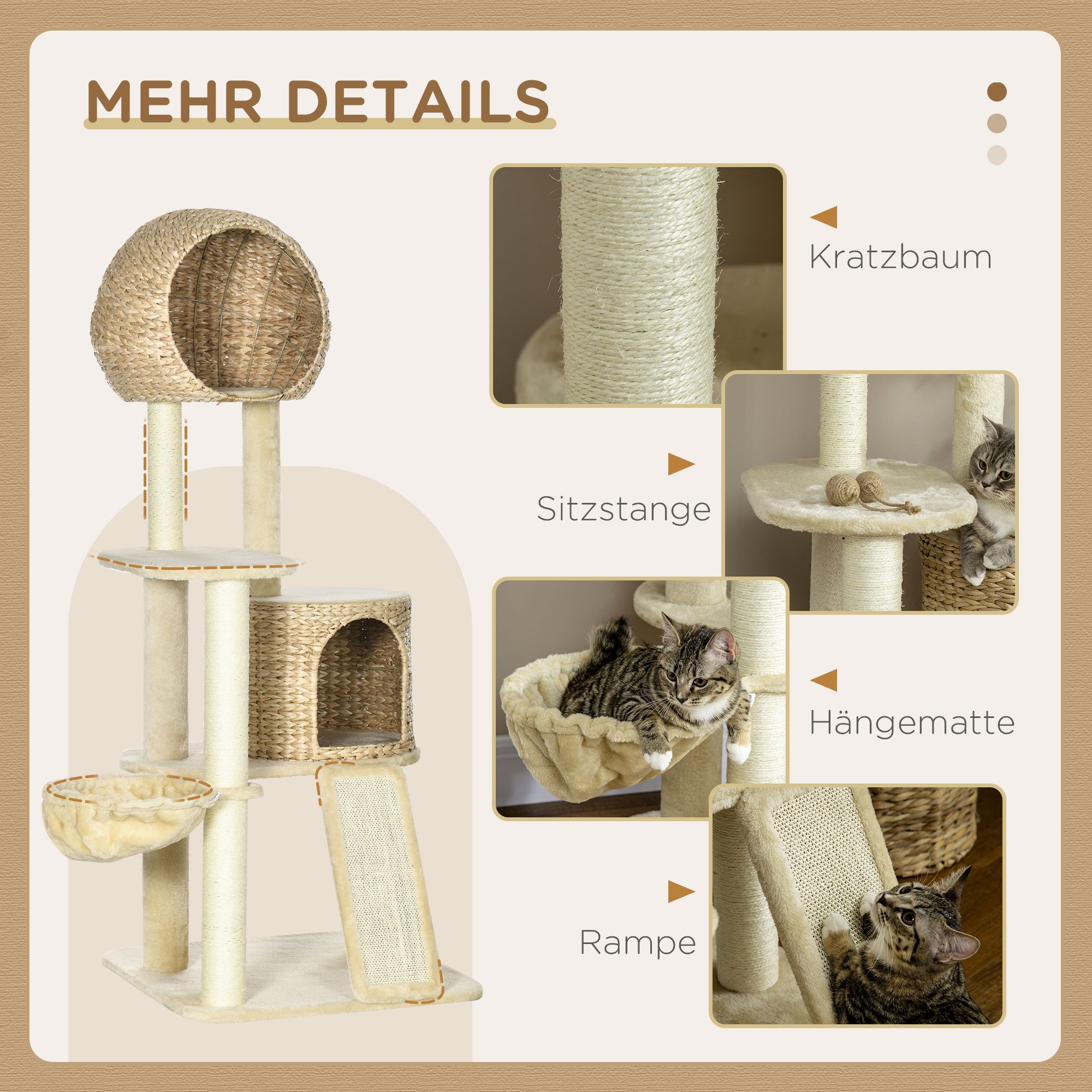 PawHut Kratzbaum Kratzbaum, mehrstöckiger Katzenbaum mit Höhle, Plattform, Plüsch, Beige, 60 x 60 x 150 cm – Bild 5 von 5