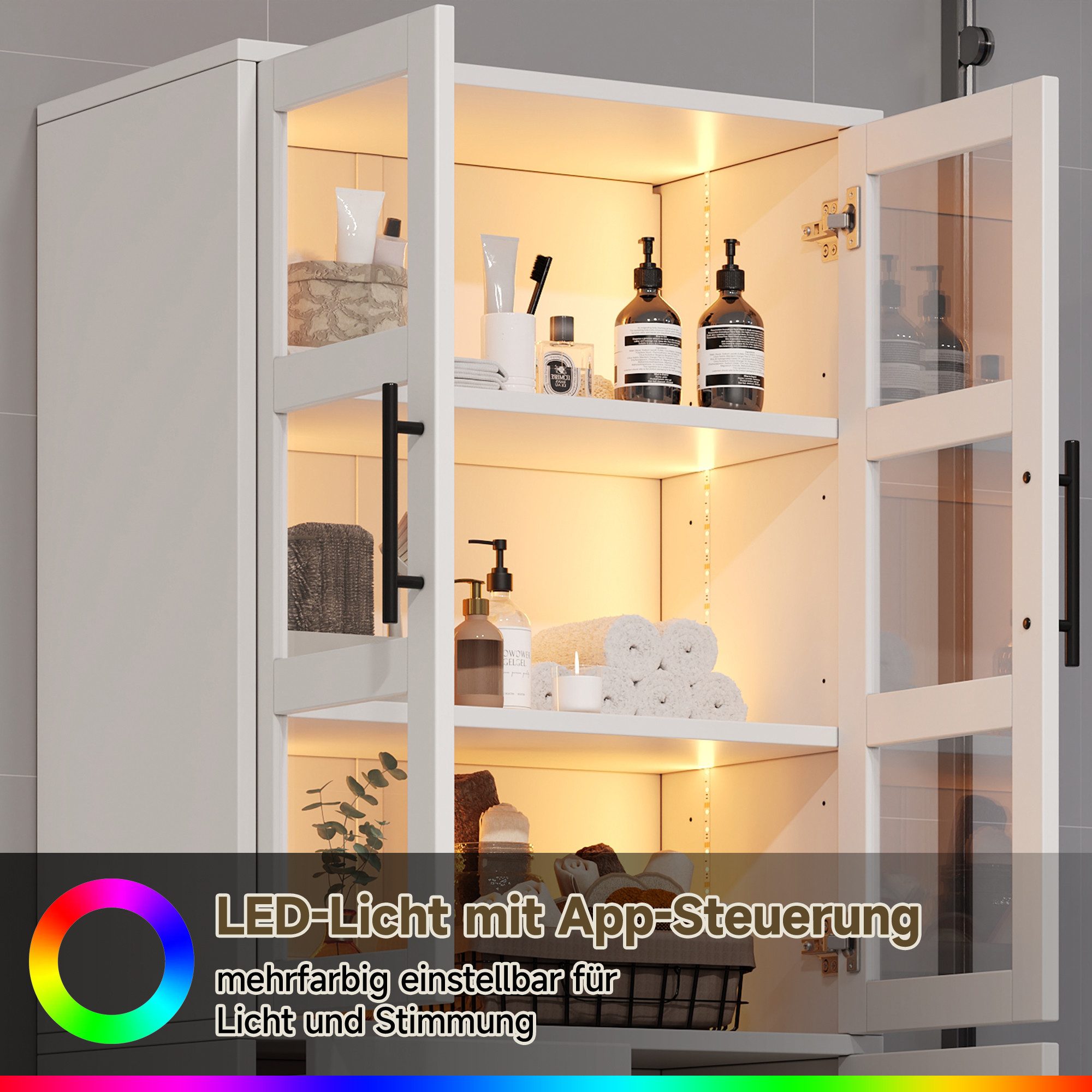 Odikalo Hochschrank Badschrank Badmöbel mit LED & Schubladen (72x35x170 cm, Doppel-Glastüren, 3 Schubladen & 2 Schränke, App-gesteuertes LED-Licht, Verstellbare Einlegeböden)