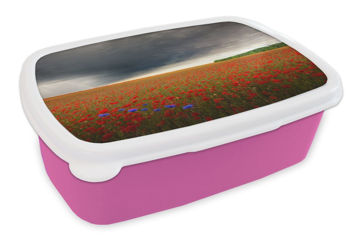 MuchoWow Lunchbox Blumen - Rot - Grau, Kunststoff, (2-tlg), Brotbox für Erwachsene, Brotdose Kinder, Snackbox, Mädchen, Kunststoff rosa