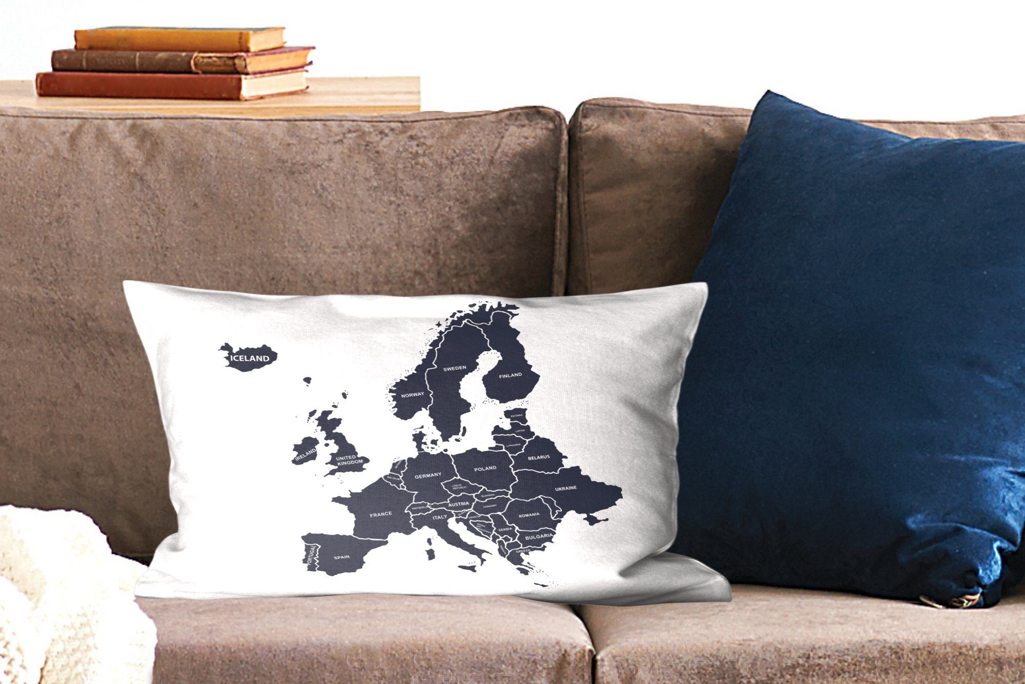 Wohzimmer Karte Europa Dekokissen MuchoWow Blau, Füllung, - Schlafzimmer Dekokissen Zierkissen, mit Dekoration, -
