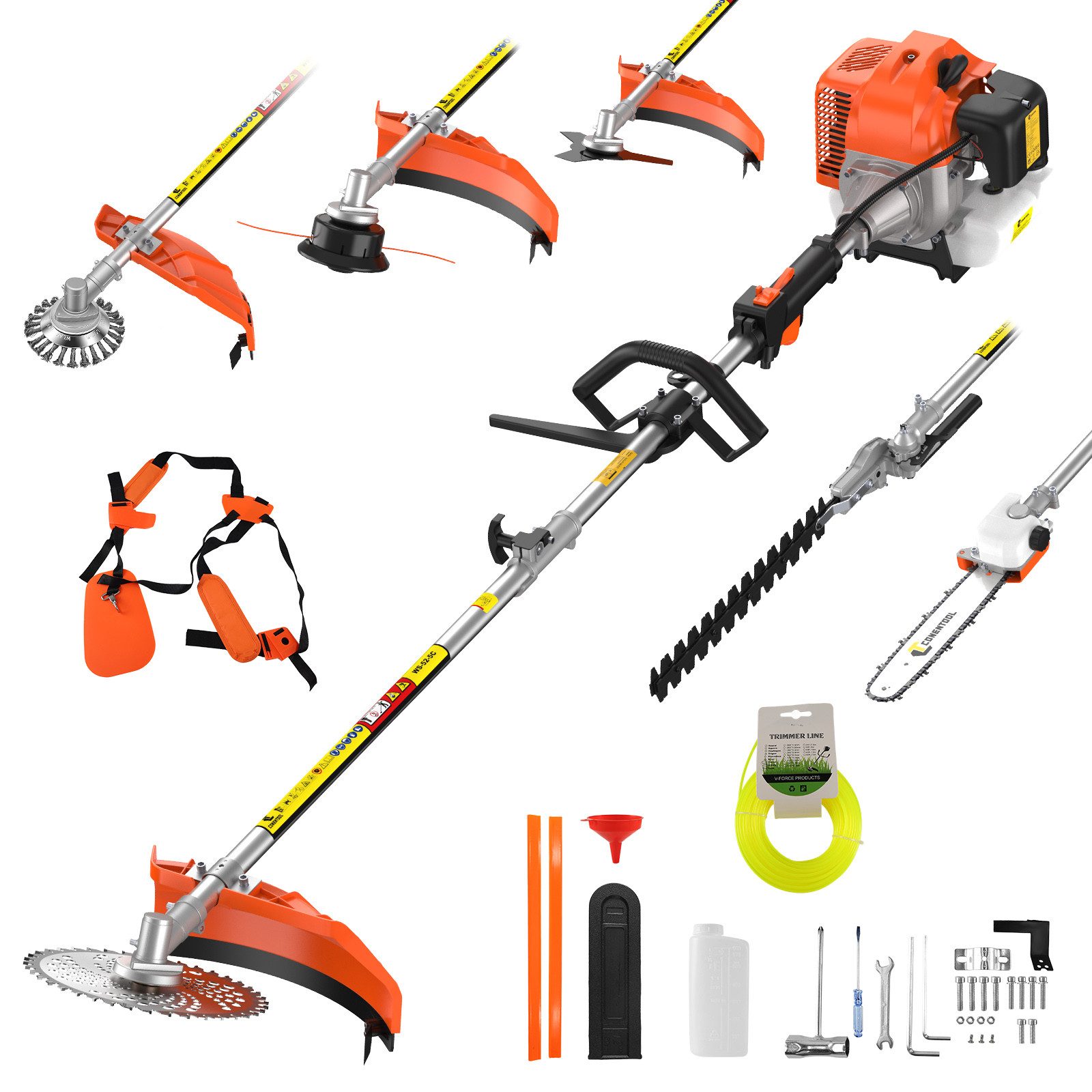 CONENTOOL Benzin-Motorsense 52ccm, 2,5kW Benzin Rasentrimmer, 25.5 cm Arbeitsbreite Messer, 43 cm Arbeitsbreite Faden, 6-in-1 Multifunktions, Rasenmäher, Heckenschere, Motorsäge in einem