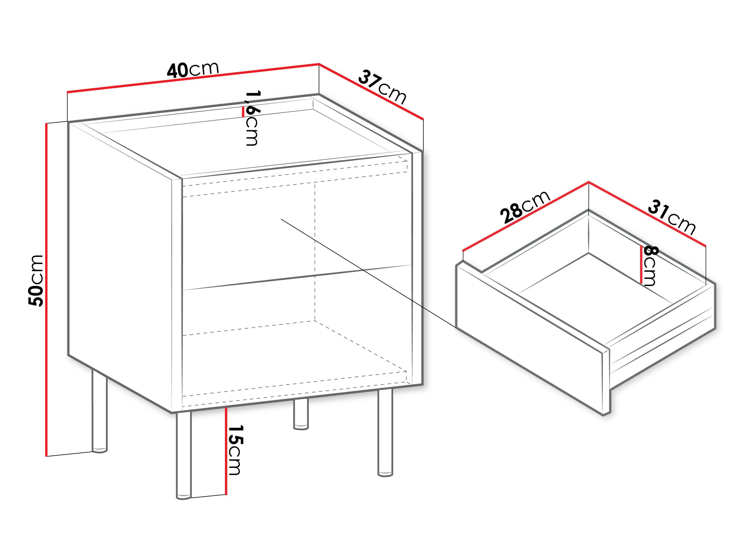 MIRJAN24 Nachttisch Tewos S40 S2 (mit zwei Schubladen), Kugelgleitschienen, Schwarze Metallfüße