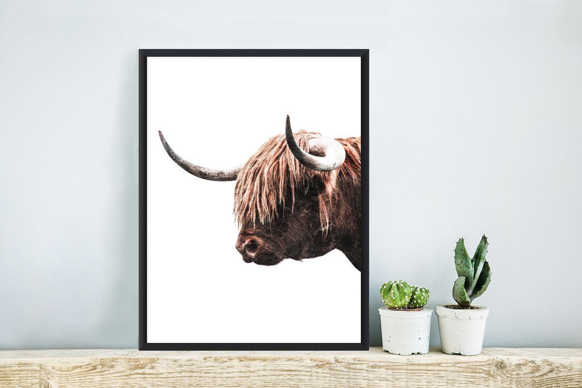Kühe, Poster Wanddeko, - Tiere (1 Schwarzem St), Highlander Bilder, Gerahmtes - Bilderrahmen MuchoWow Schottische Poster, Wandposter,