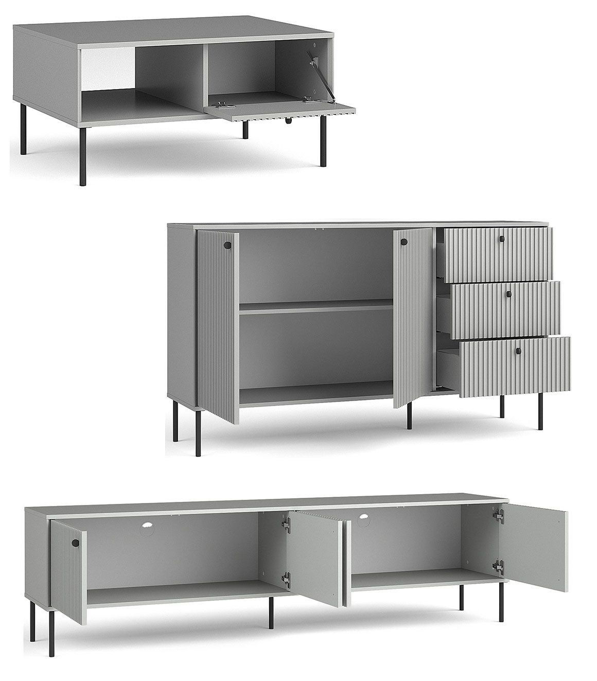 Feldmann-Wohnen Wohnwand Iris, (1 Kommode, 1 Lowboard, 1 Couchtisch, 0-St., moderne Optik, gerillte Fronten, Soft-Close, Griffe & Füße aus Metall), 3-teilig, grau matt; Türen, Holzböden, Glasböden, Schubladen