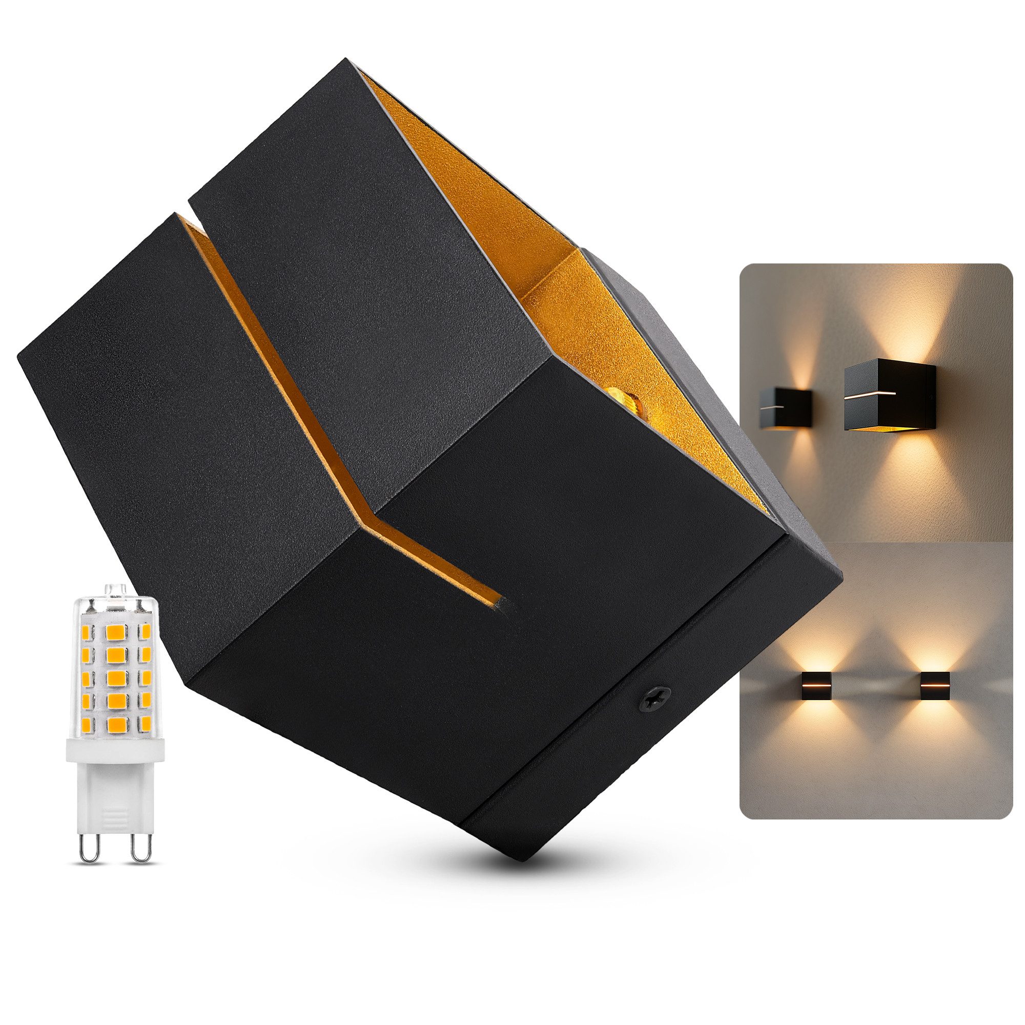 SSC-LUXon LED Wandleuchte Wandleuchte KOURA schwarz gold Up Down inkl. G9 LED warmweiß, Warmweiß