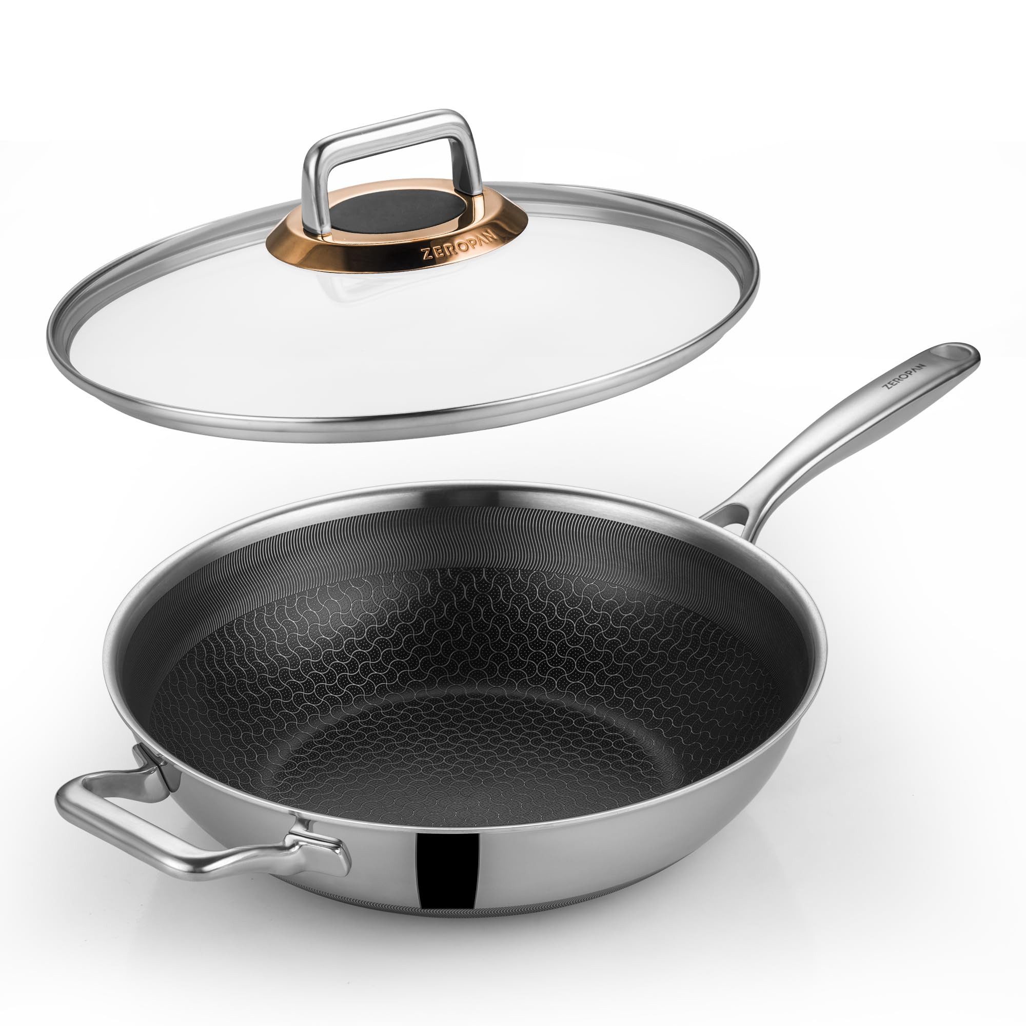 Bundviel Wok Wokpfanne mit Deckel Hybrid Ø30cm Wabenpfanne Antihaft Edelstahl, Edelstahl, ofenfest bis 260 °C, kompatibel mit allen Herdarten