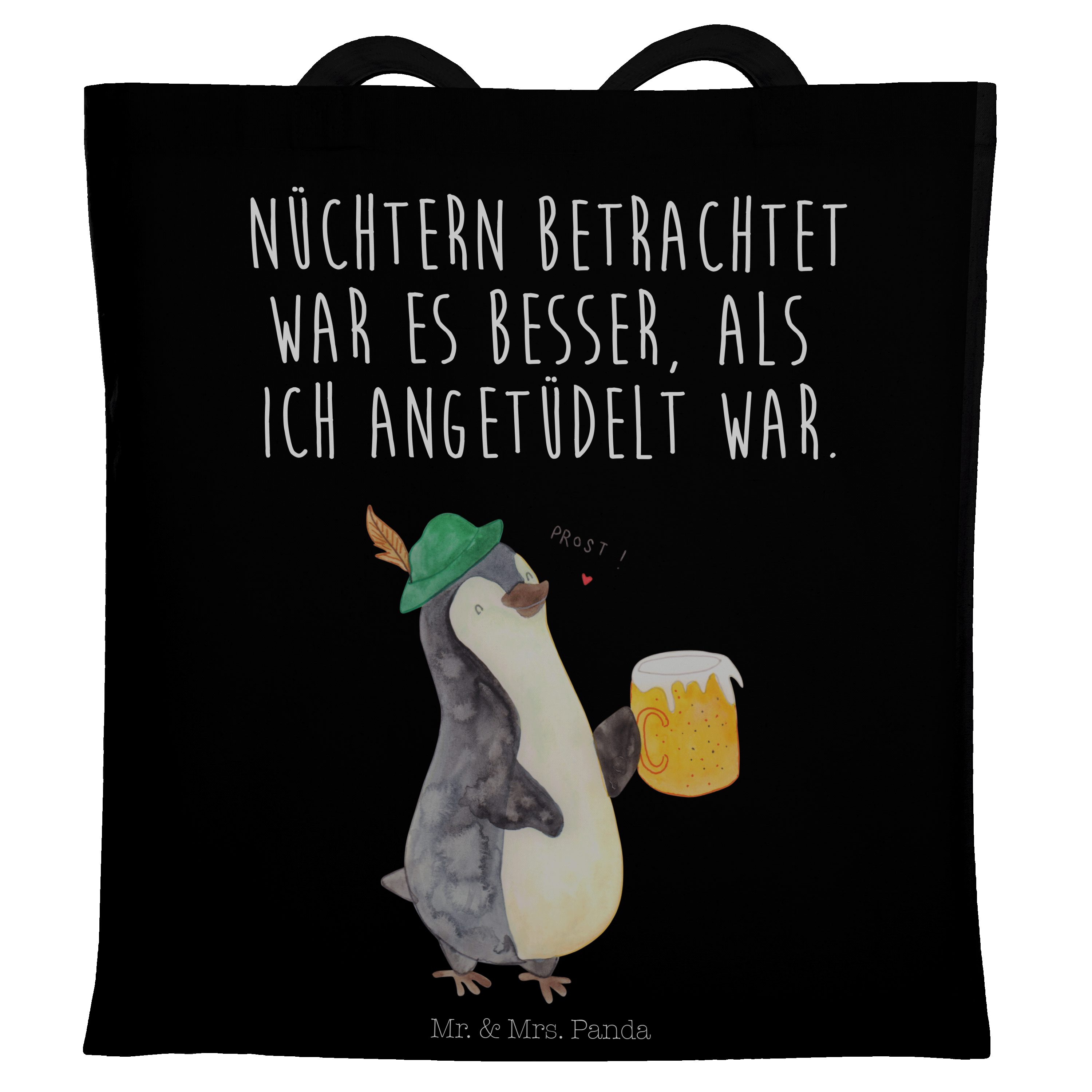 Mr. & Mrs. Panda Schwarz Geschenk, Oktoberfest, Jutebeutel, (1-tlg) Pinguin Tragetasche Stoffbeut - - Bier