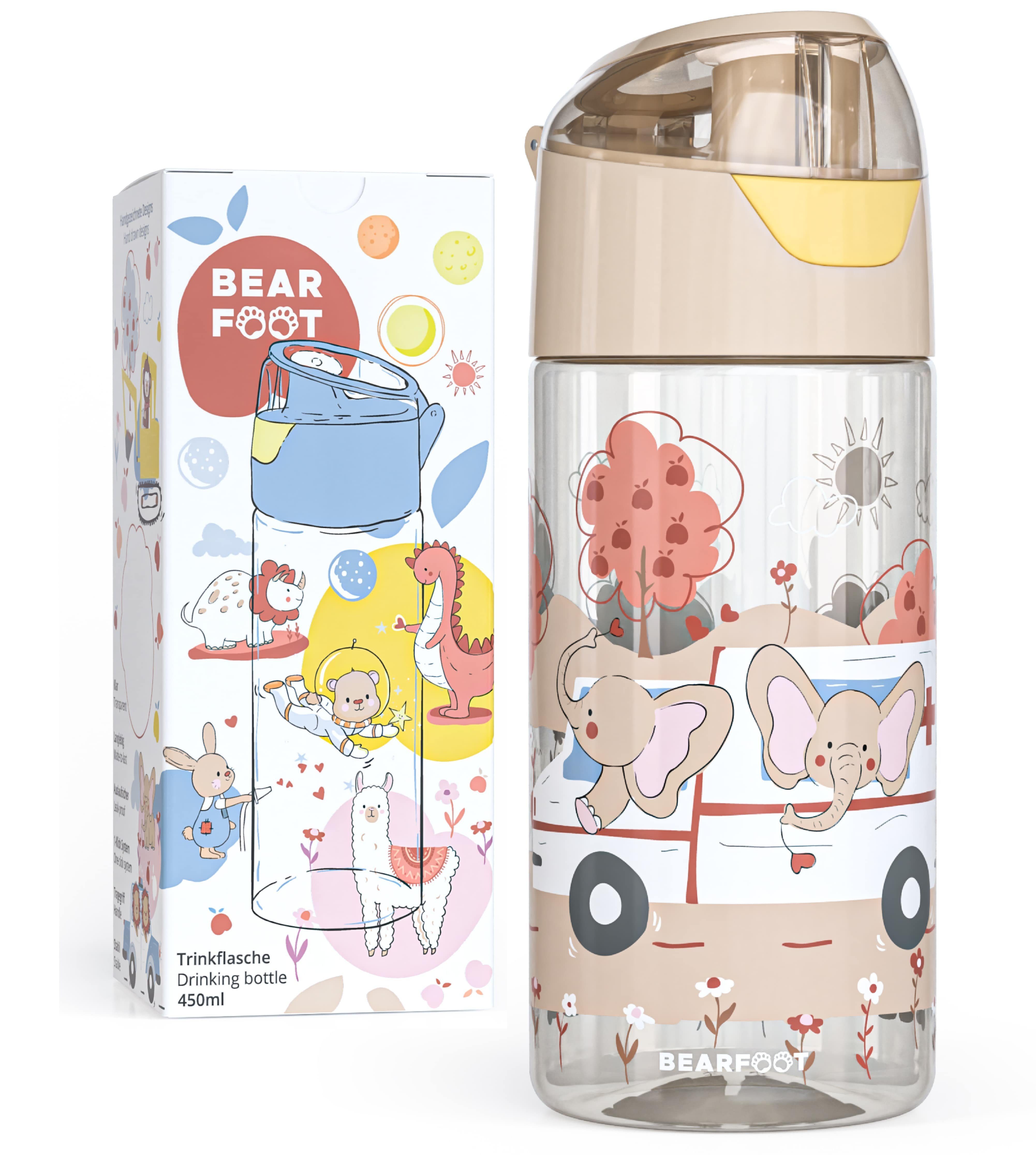 BEARFOOT Trinkflasche Trinkflasche Kinder 450ml, leichte Tritan Wasserflasche AmbulanzElefanten-braun